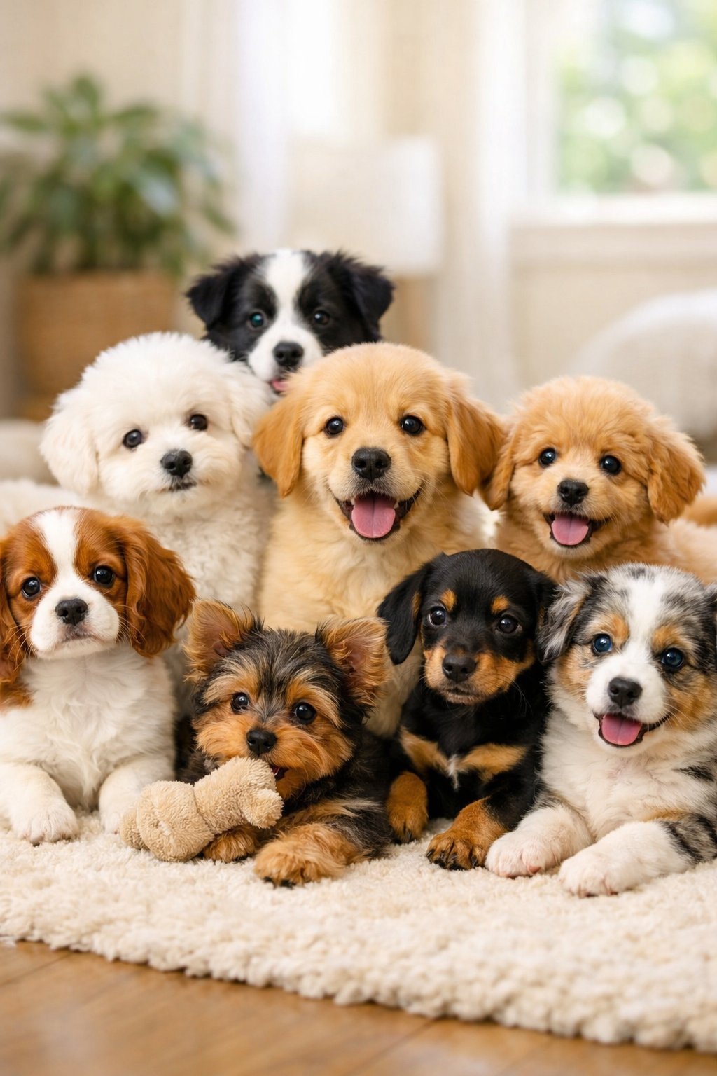 A group of puppies sitting and playing together indoors with soft lighting.