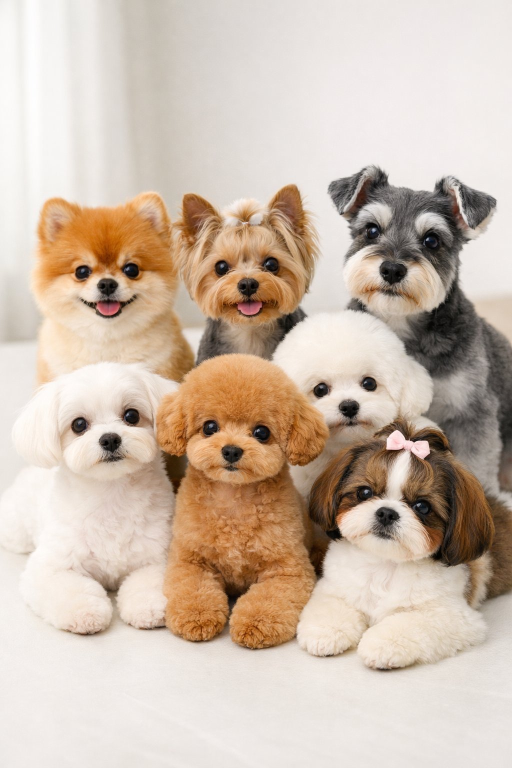 Several small puppies with different haircuts sitting together in a bright studio setting.