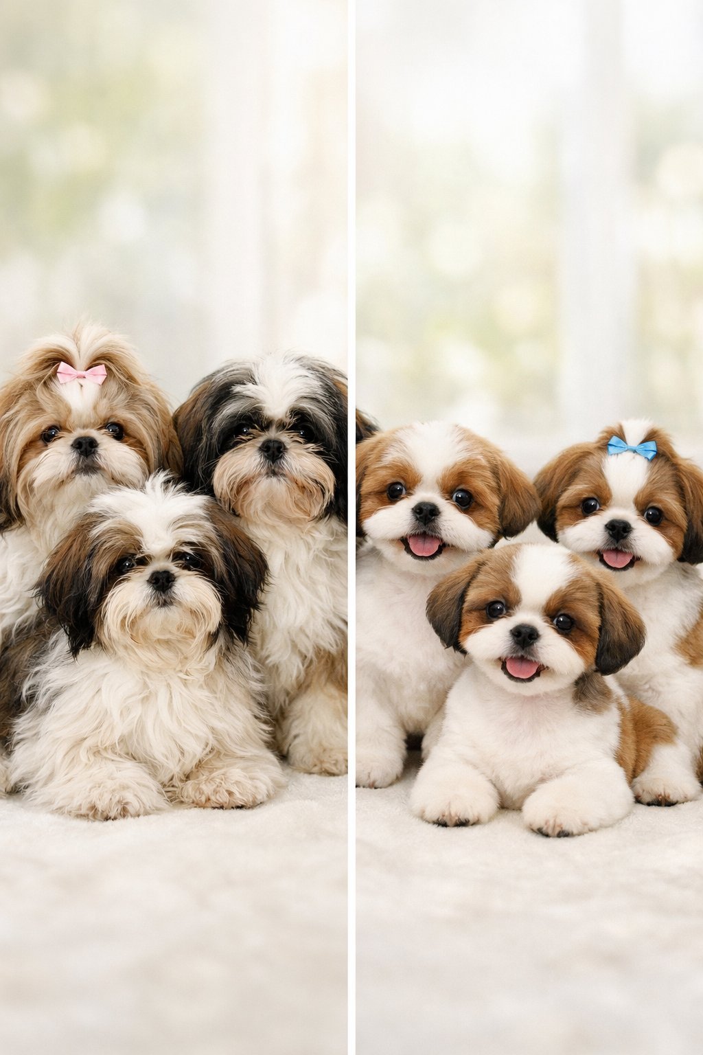 Several Shih Tzu puppies shown before and after grooming with neat puppy cuts, sitting against a bright, blurred background.