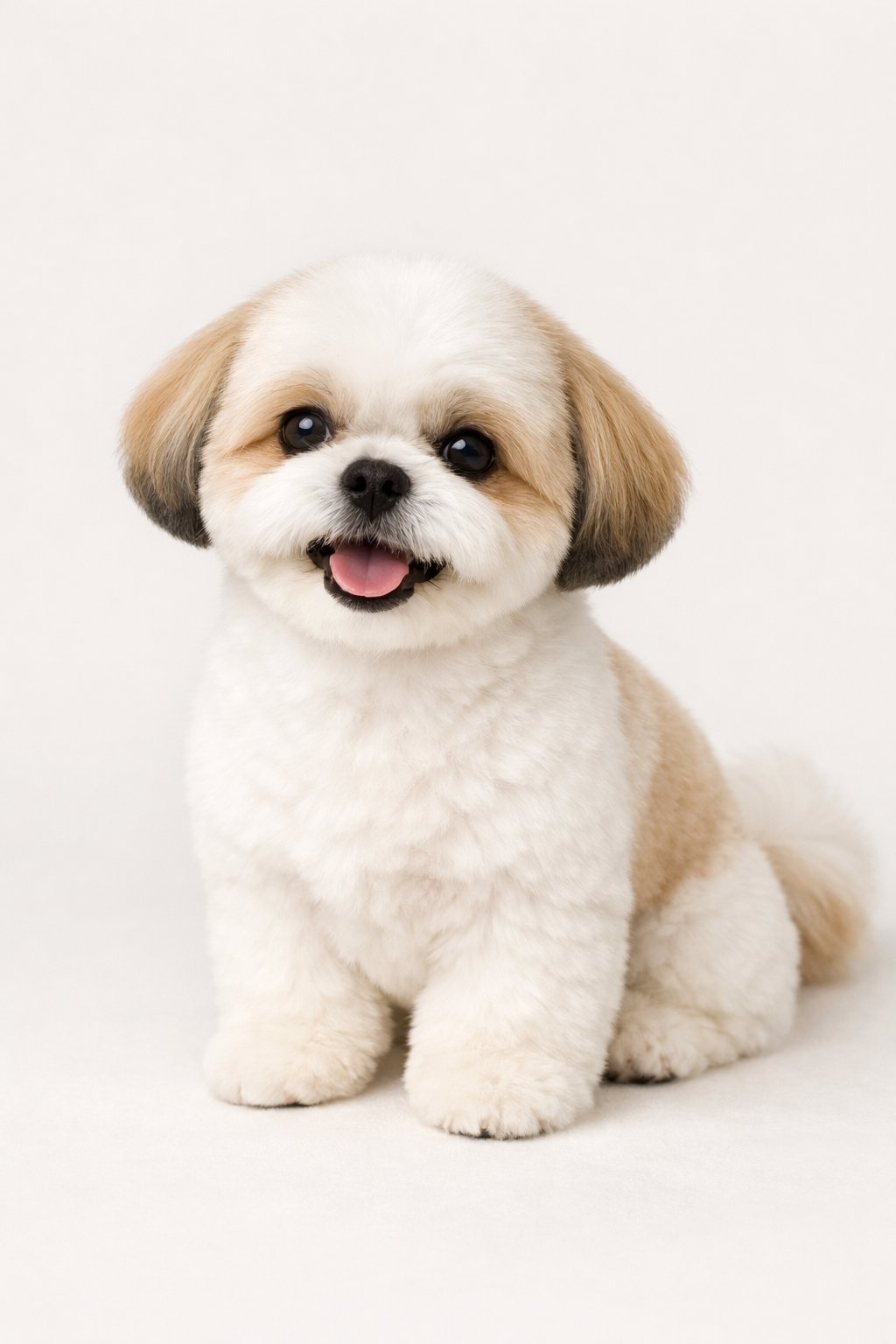 A freshly groomed Shih Tzu dog with a puppy cut hairstyle sitting calmly and looking happy.