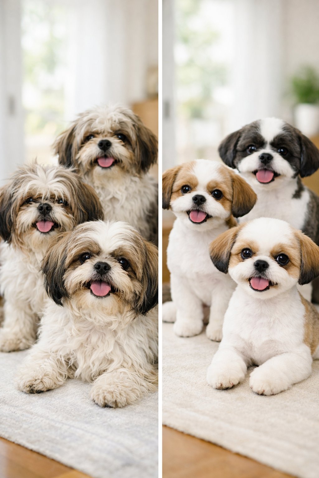 Several Shih Tzu dogs shown before and after grooming, with fluffy fur on one side and neat puppy cuts on the other.