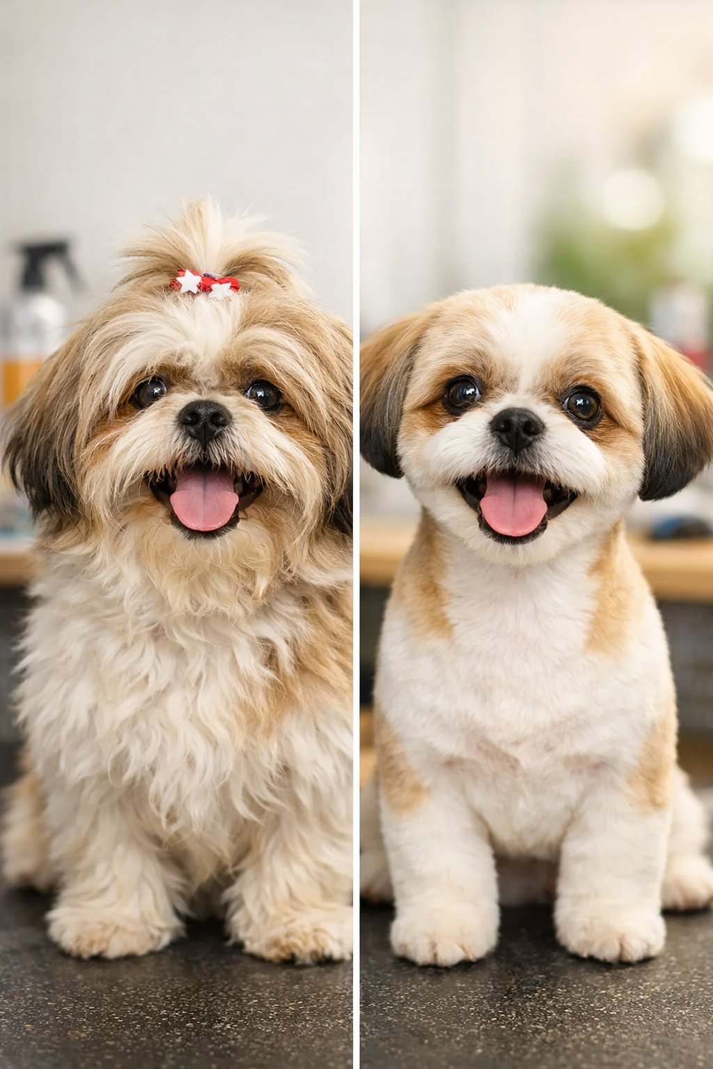 A Shih Tzu dog shown before and after a puppy cut grooming transformation, with the dog looking neat and freshly groomed on one side.