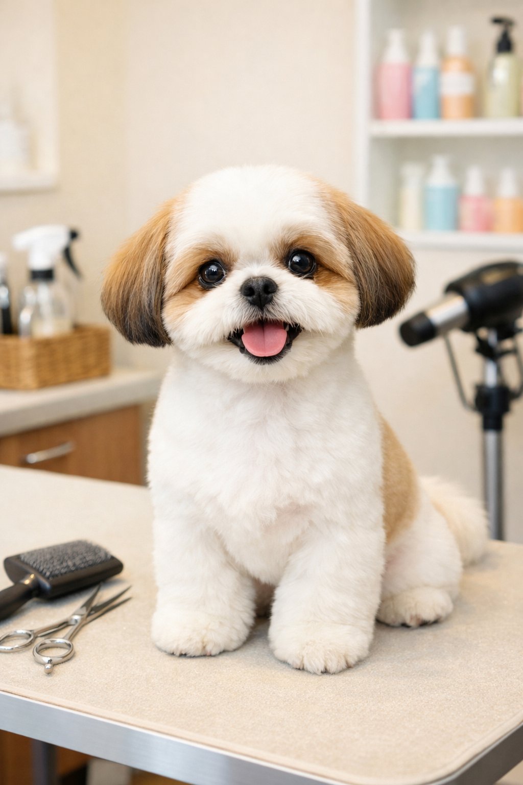 A freshly groomed Shih Tzu dog with a puppy cut sitting on a grooming table in a pet salon.