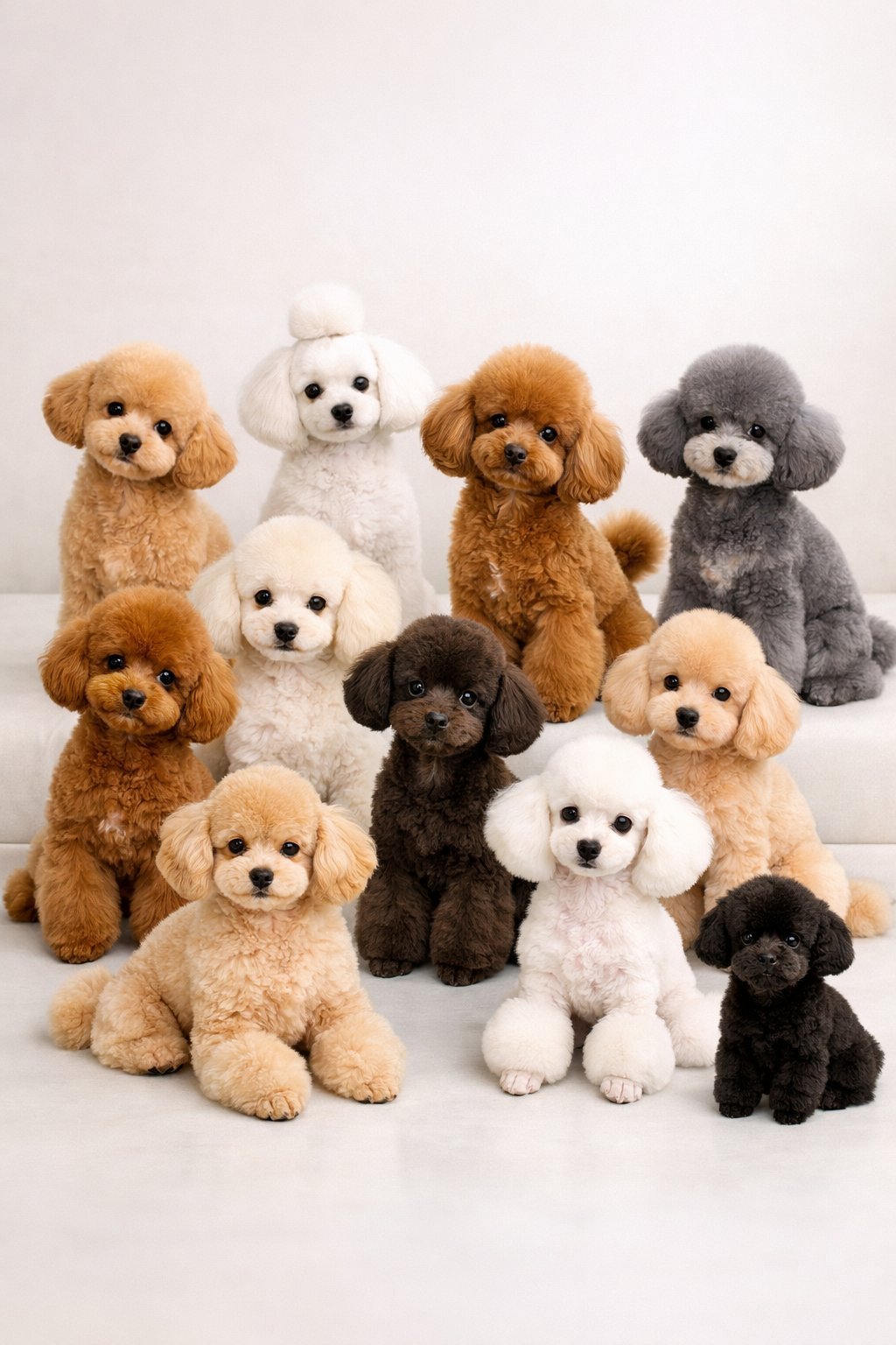 Twelve poodle puppies with different stylish haircuts sitting and standing together on a neutral background.