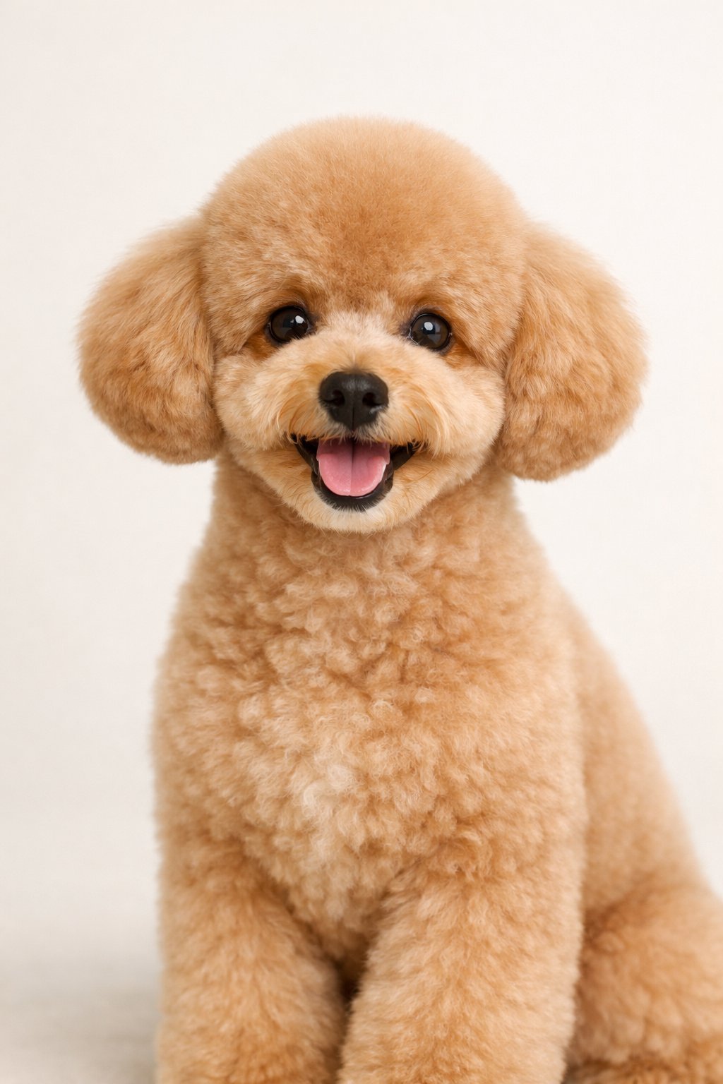 A poodle with a fresh puppy cut sitting and looking happy against a plain background.