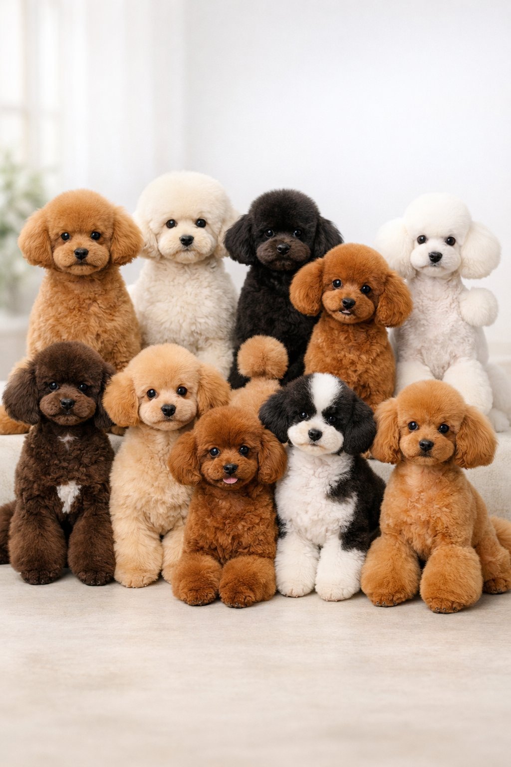 Twelve poodle puppies with different stylish haircuts sitting and standing together in a bright studio.