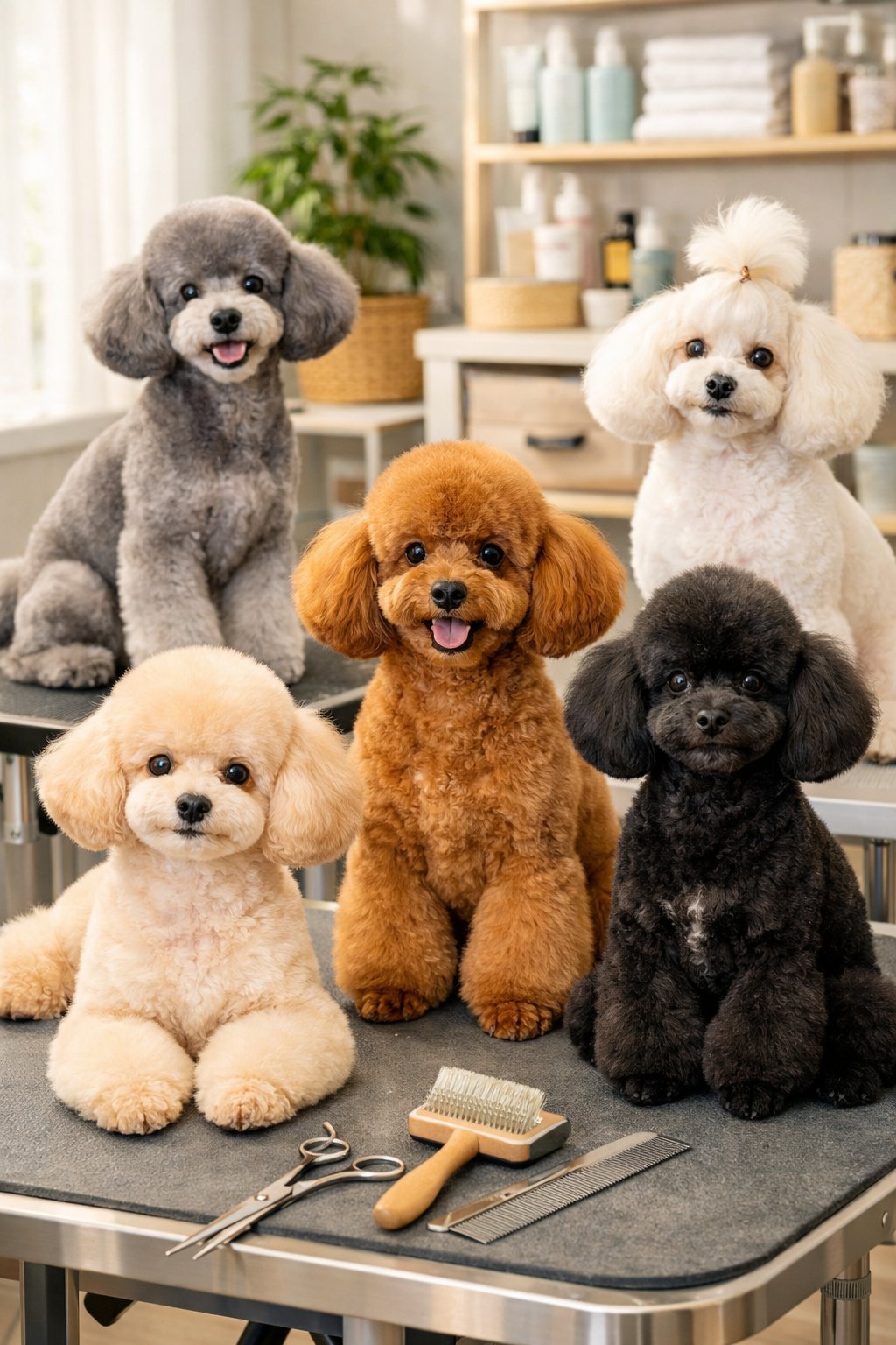 Several well-groomed poodles with different puppy cut hairstyles sitting calmly in a bright grooming salon.