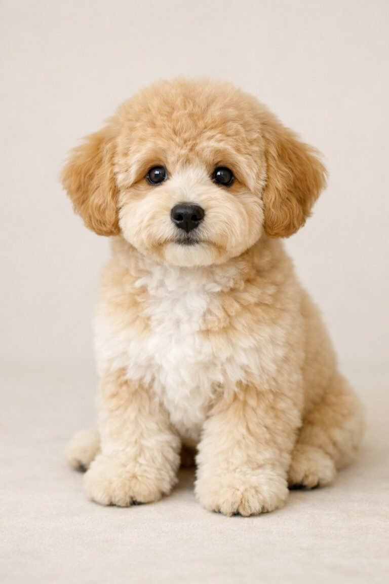 A fluffy Doodle puppy with a scruffy trimmed coat sitting calmly and looking at the camera.