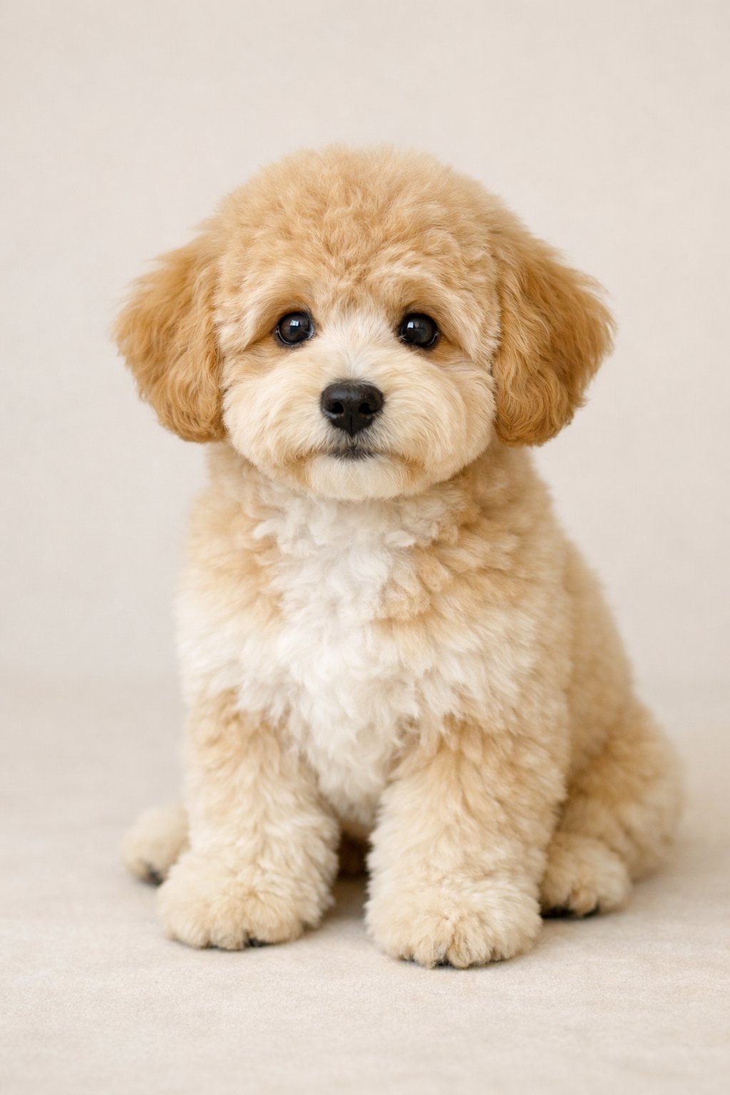 A fluffy Doodle puppy with a scruffy trimmed coat sitting calmly and looking at the camera.