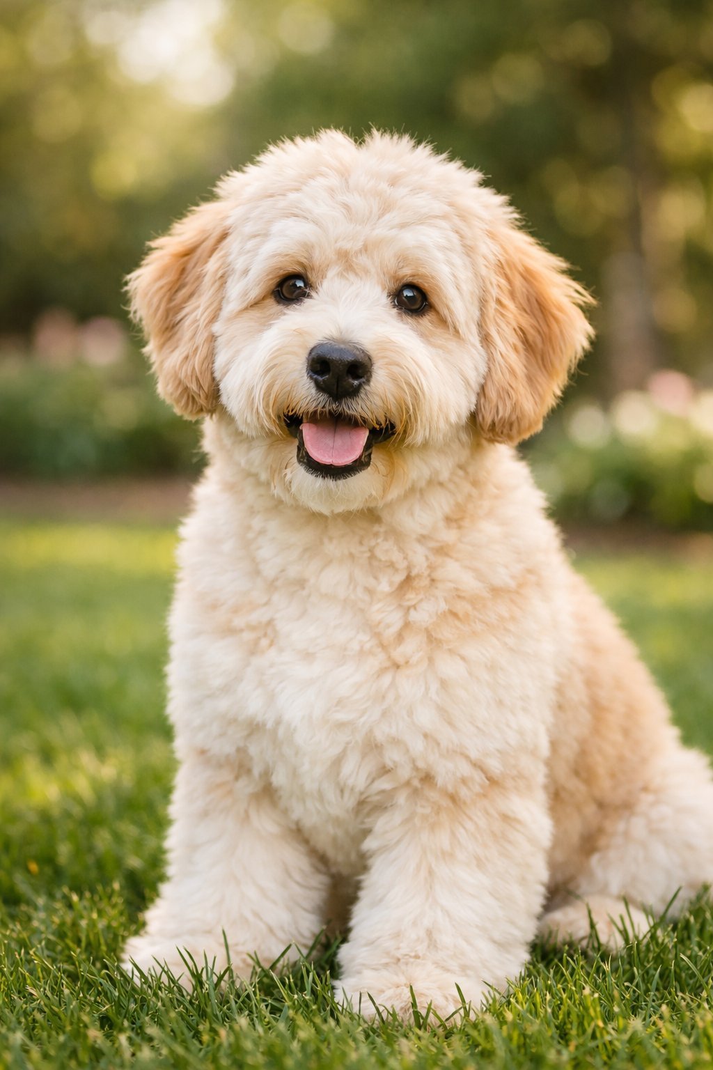 A fluffy Doodle dog with a puppy cut sitting on grass outdoors, looking happy and scruffy.