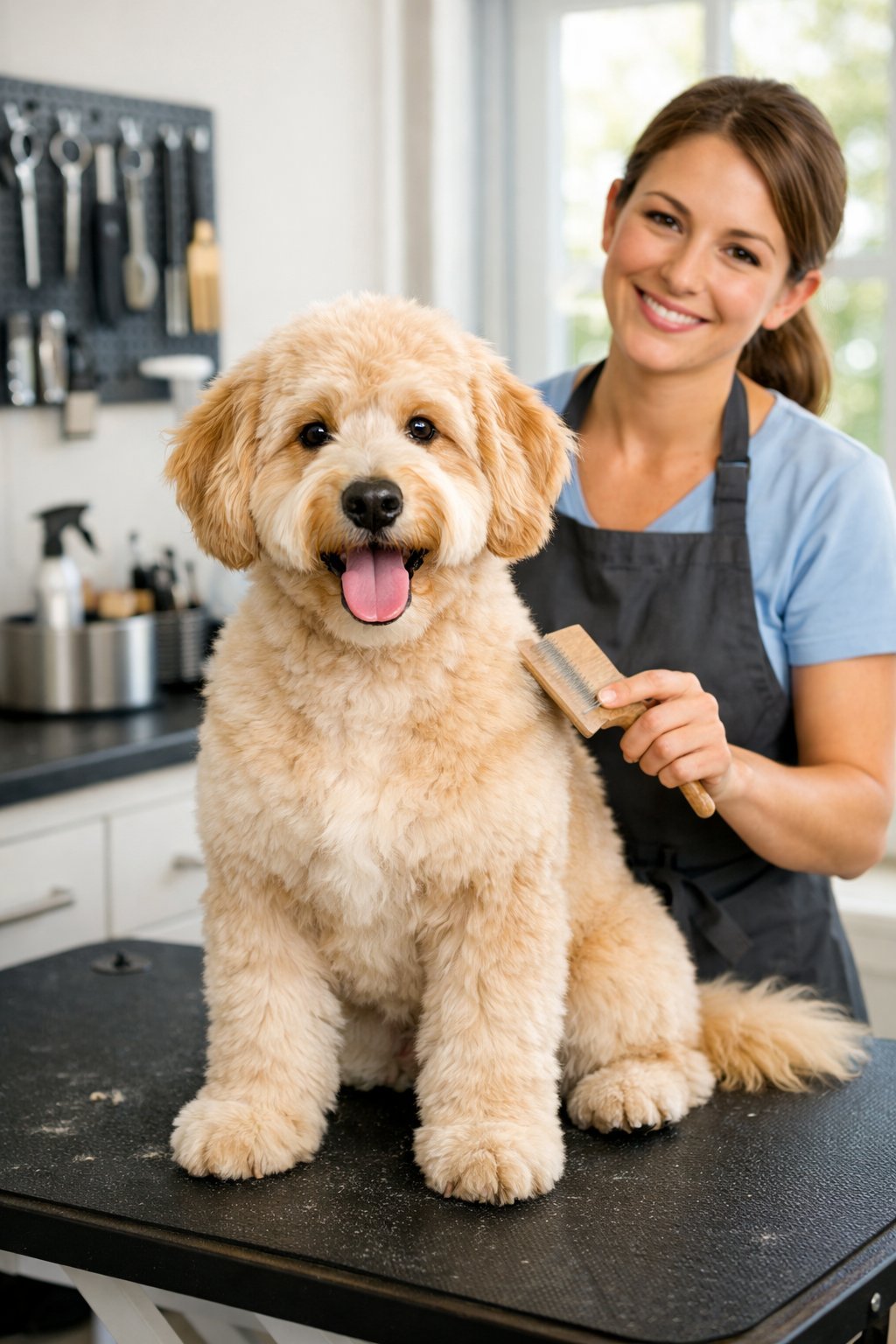 A fluffy Doodle dog with a puppy cut sitting on a grooming table while a groomer brushes its fur in a bright pet salon.