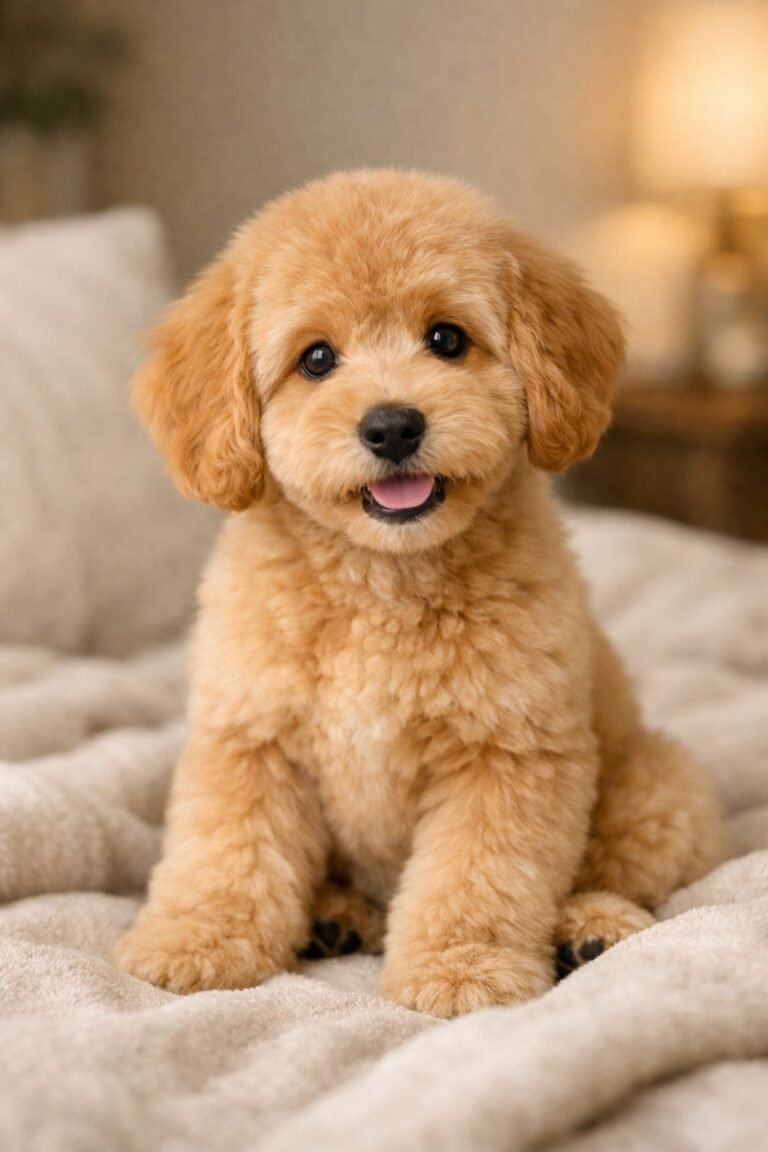A fluffy Goldendoodle puppy with a fresh haircut sitting on a soft blanket indoors, looking playful and gentle.