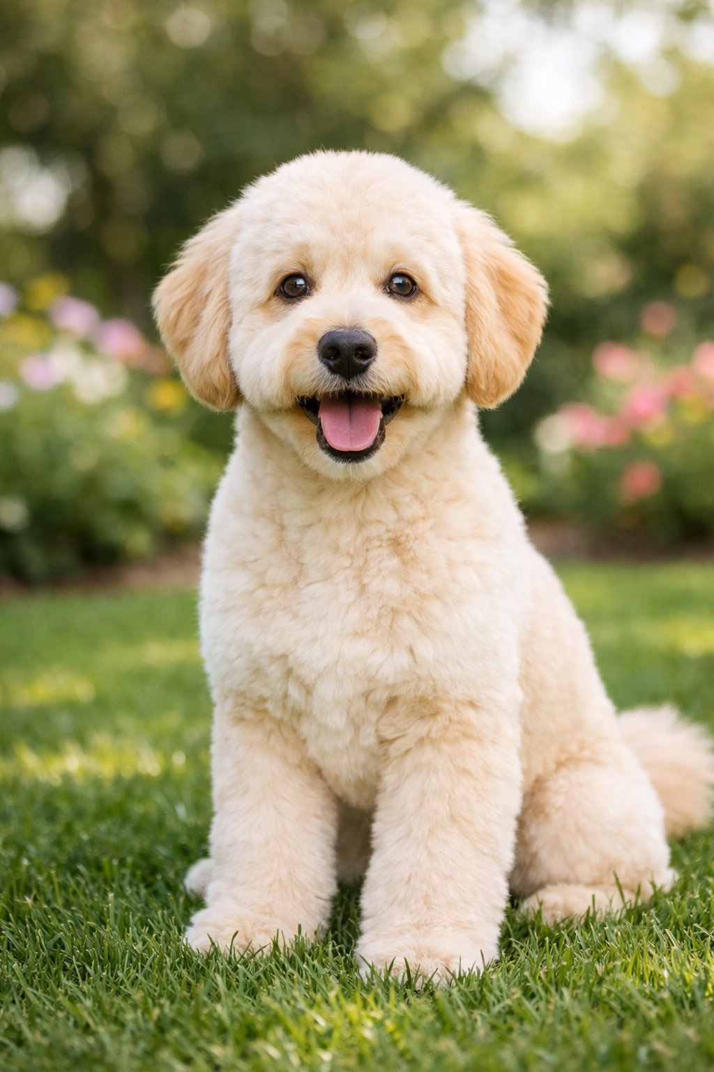 A freshly groomed Goldendoodle dog with a puppy cut sitting on green grass outdoors, looking happy and friendly.