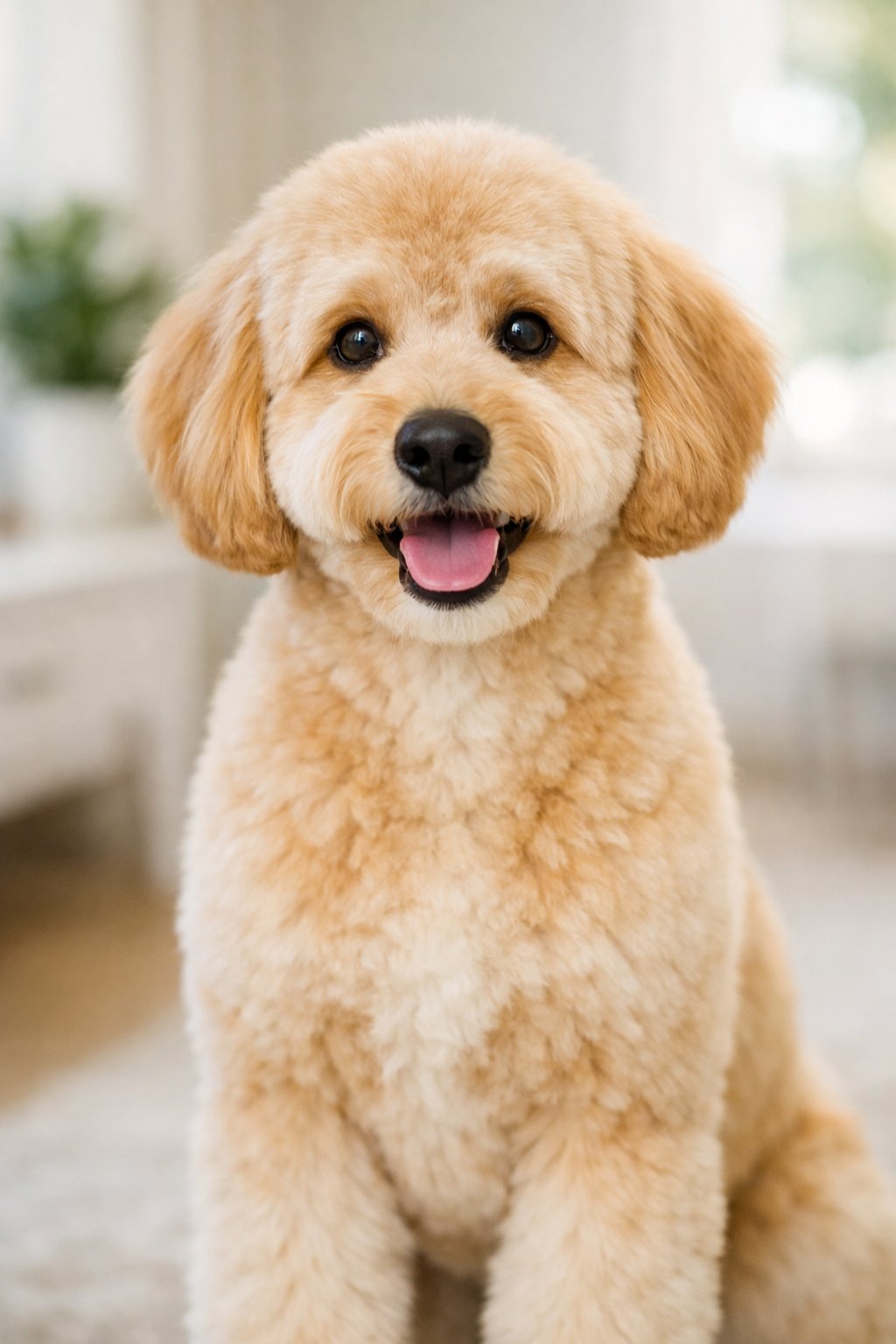 A freshly groomed Goldendoodle dog with a puppy cut sitting indoors, looking happy and relaxed.