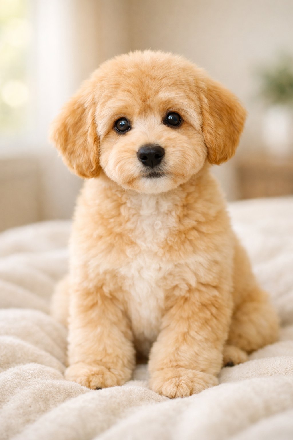 A Goldendoodle puppy with a fresh haircut sitting on a soft blanket, looking curiously with big eyes.