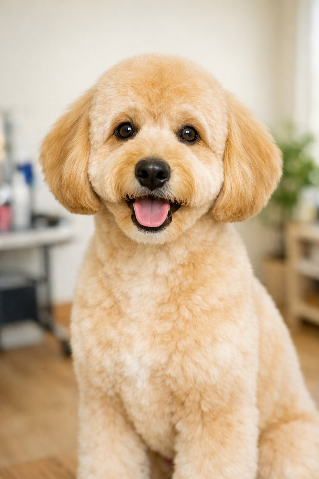 A freshly groomed Goldendoodle dog with a puppy cut sitting indoors, looking friendly and fluffy.