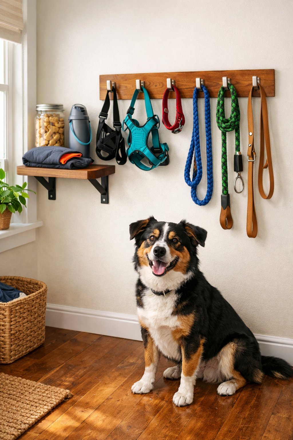 A dog leash station with leashes, collars, and dog supplies organized on hooks in a home entryway, with a dog sitting nearby ready for a walk.