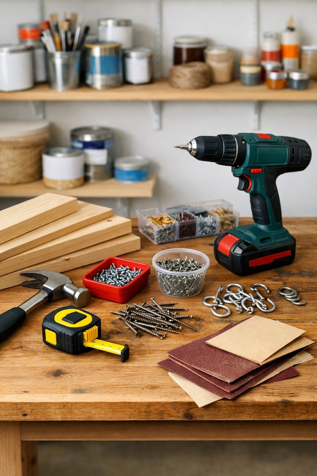 A workspace with tools and materials laid out on a wooden bench, ready for a DIY project.