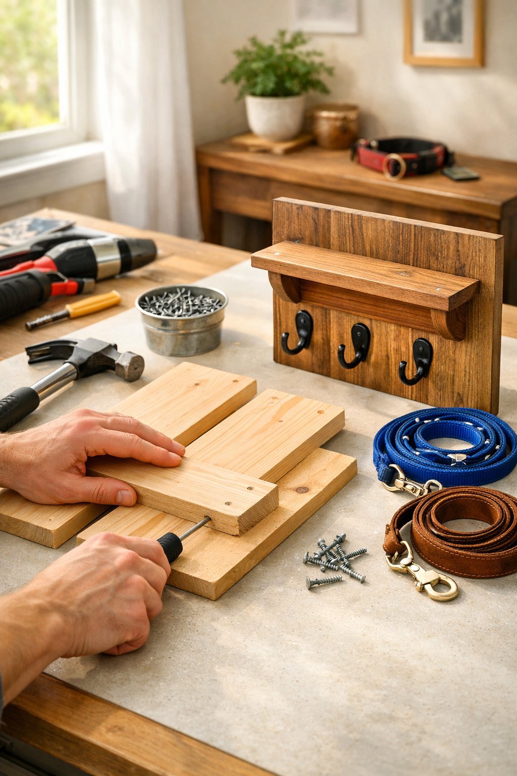 Hands assembling a wooden leash station on a workbench with tools and finished leash hooks nearby in a bright home workspace.