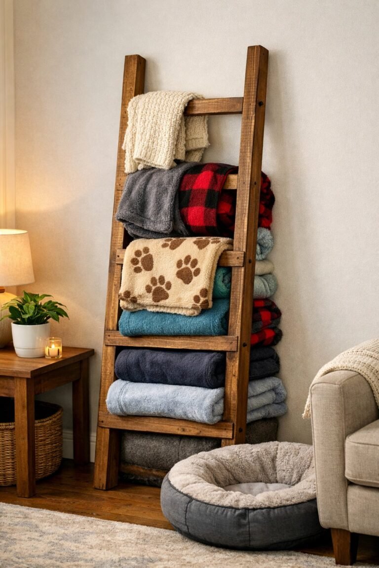 A wooden blanket ladder leaning against a wall with colorful dog blankets arranged around it in a cozy living room corner.