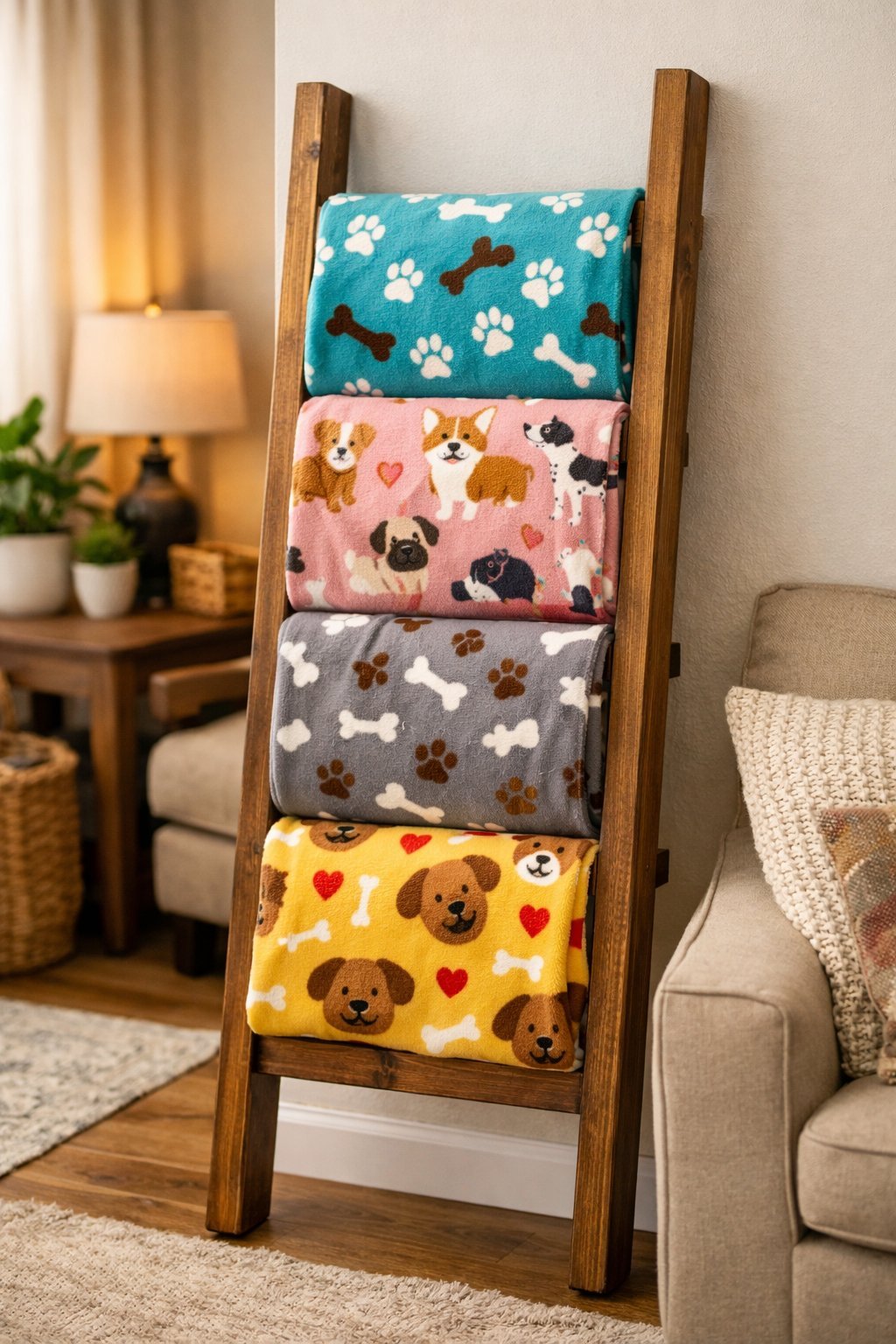 DIY Blanket Ladder That Hides the Dog Blanket Pile Without Actually Hiding It: A Stylish Storage Solution for Pet Parents A wooden blanket ladder holding colorful dog blankets in a cozy living room.