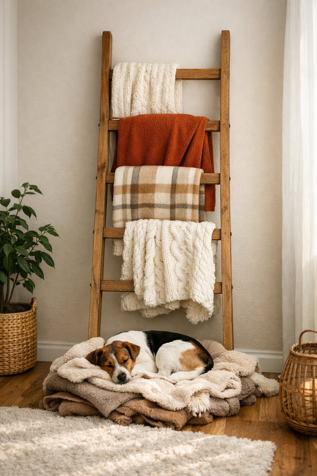 DIY Blanket Ladder That Hides the Dog Blanket Pile Without Actually Hiding It: A Stylish Storage Solution for Pet Parents A wooden blanket ladder with folded blankets draped over it next to a small dog lying on a pile of blankets in a cozy living room corner.