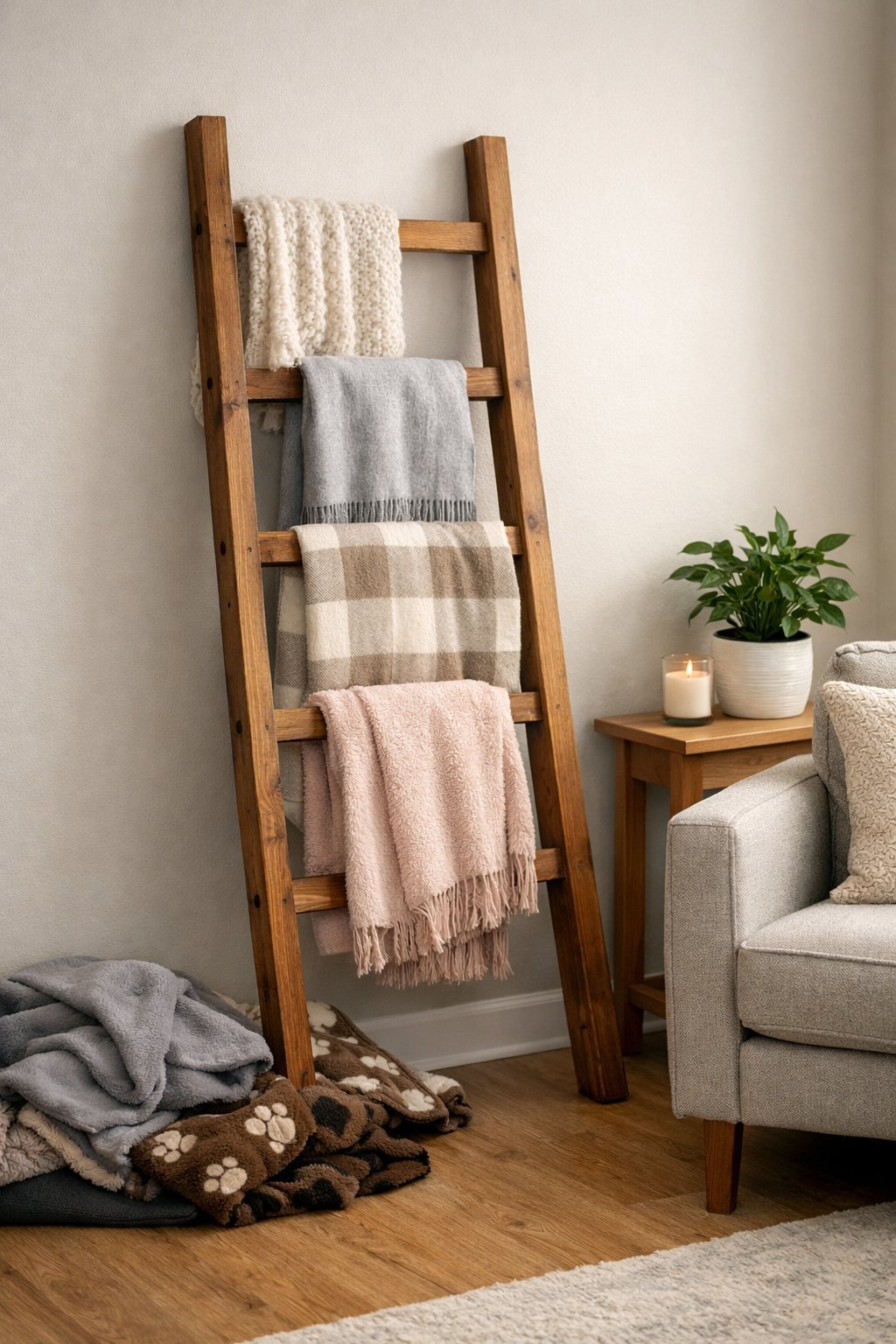 DIY Blanket Ladder That Hides the Dog Blanket Pile Without Actually Hiding It: A Stylish Storage Solution for Pet Parents A cozy living room corner with a wooden blanket ladder holding blankets next to a small pile of dog blankets on the floor.