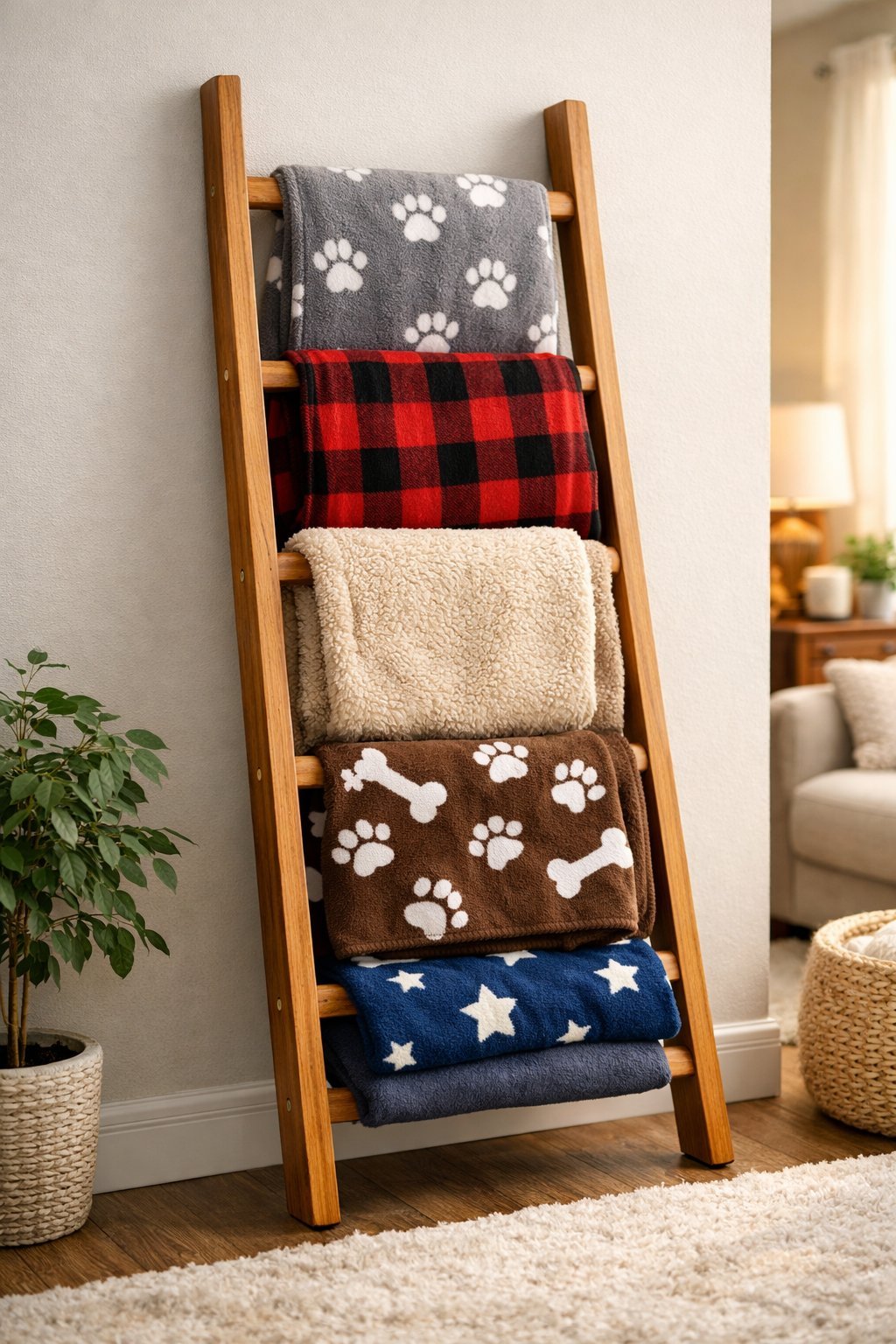 DIY Blanket Ladder That Hides the Dog Blanket Pile Without Actually Hiding It: A Stylish Storage Solution for Pet Parents A wooden blanket ladder leaning against a wall with several dog blankets neatly draped over its rungs in a cozy living room setting.