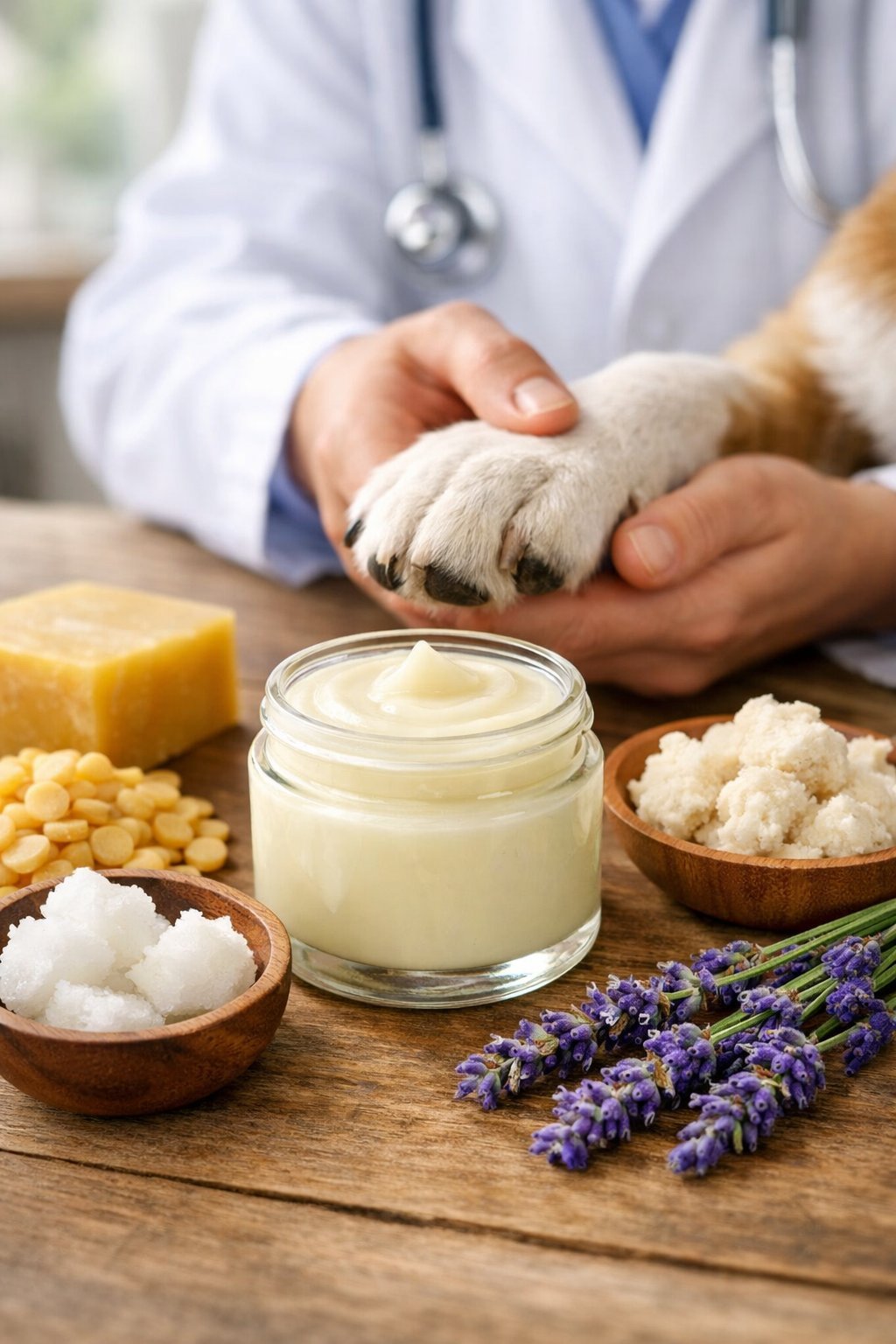 A jar of paw balm with natural ingredients on a table and a veterinarian gently holding a dog's paw.