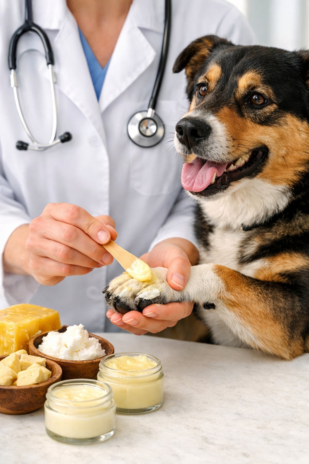 A veterinarian applying homemade paw balm to a dog's paw in a bright clinic, with natural ingredients on a nearby counter.