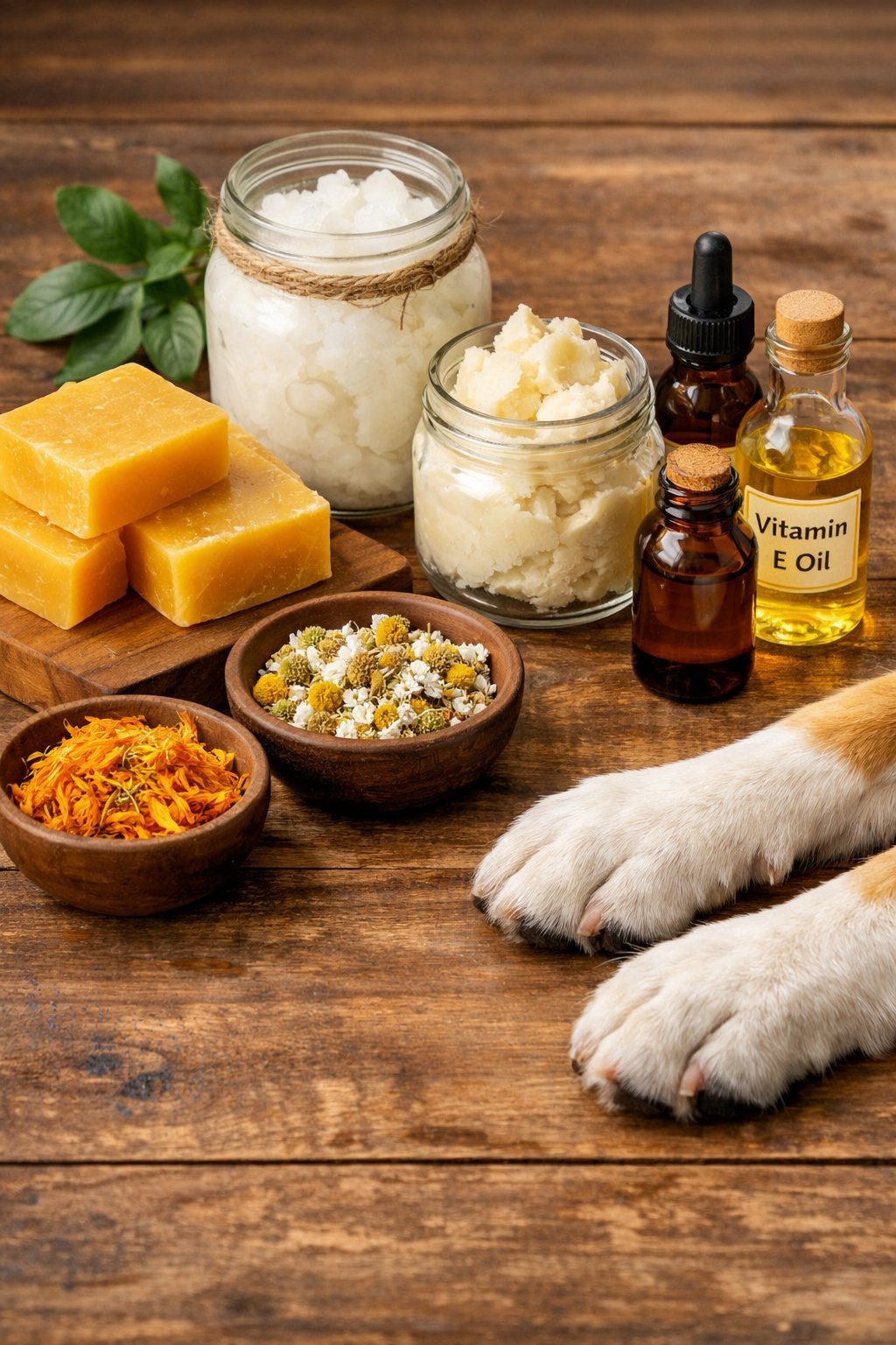 A wooden table with natural ingredients like beeswax, coconut oil, shea butter, vitamin E oil, herbs, and a dog's paws resting nearby.
