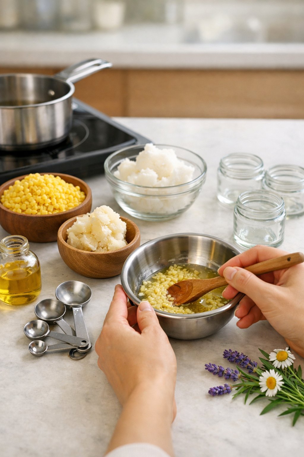 Hands mixing natural ingredients on a kitchen counter to make homemade paw balm with beeswax, oils, and herbs nearby.