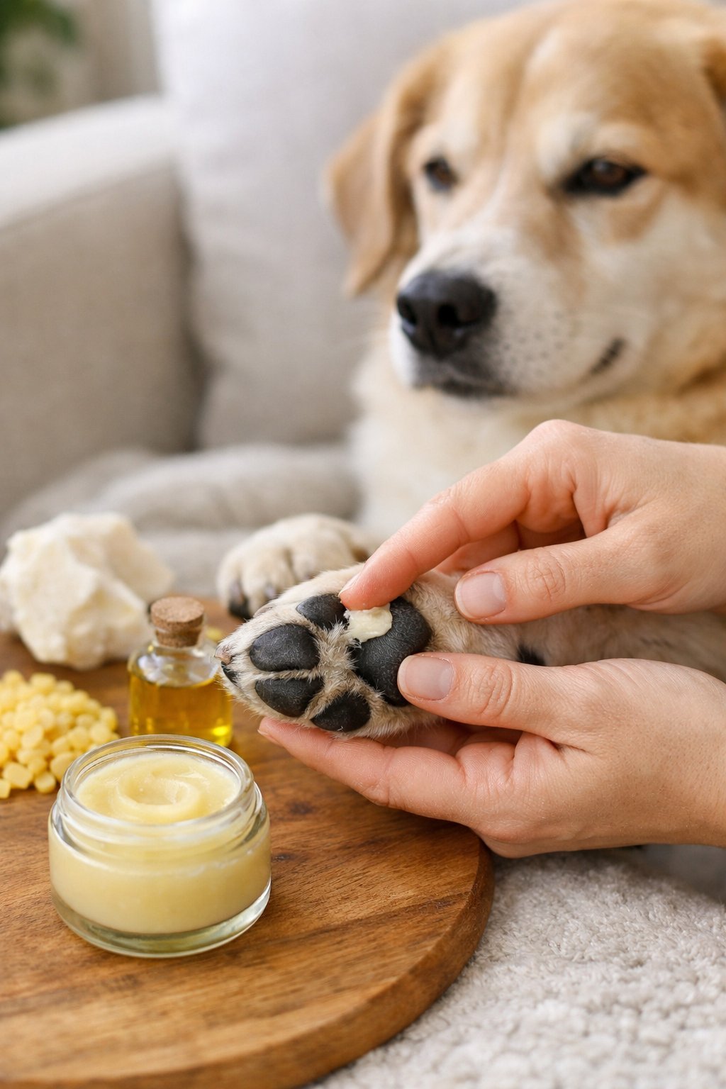 A person gently applying paw balm to a dog's paw while the dog sits calmly indoors.