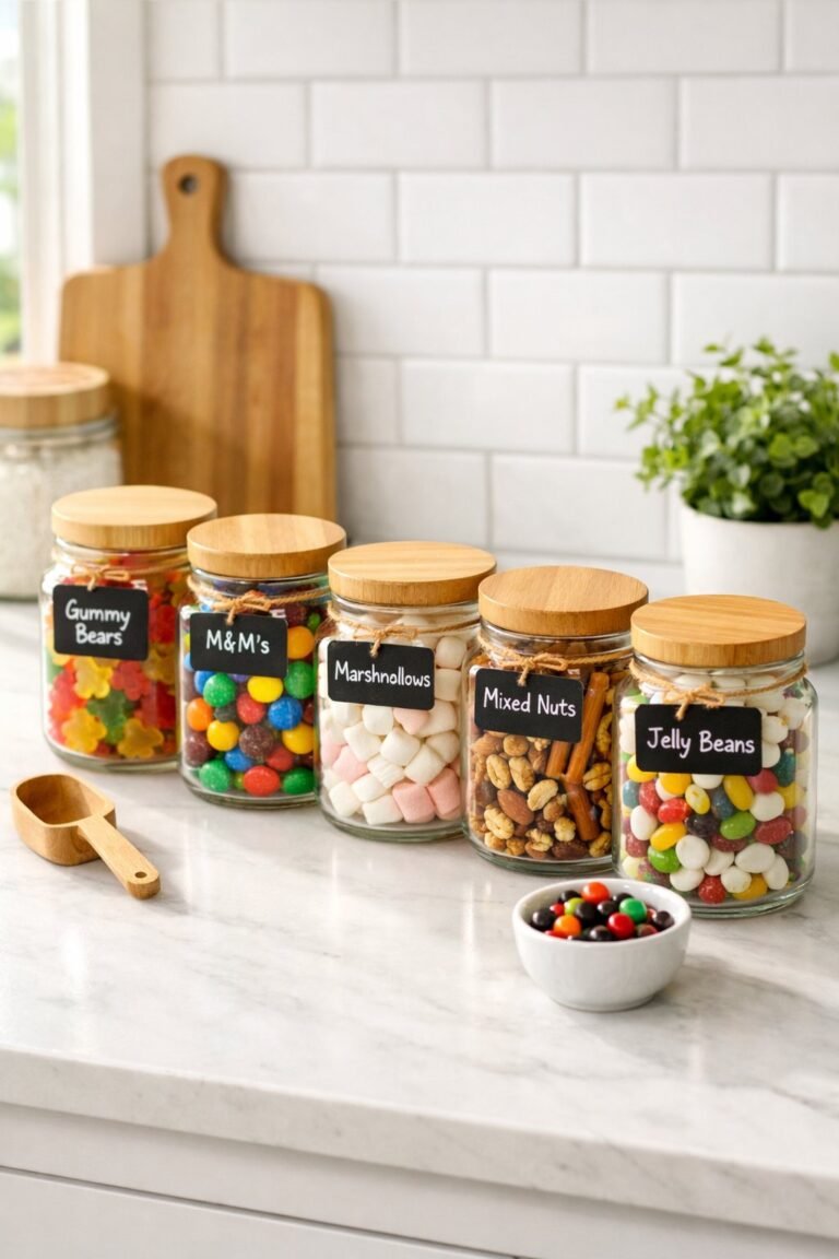 A kitchen countertop with several clear jars filled with colorful candies and snacks, neatly arranged with wooden lids and small labels, next to a potted plant and cutting board.