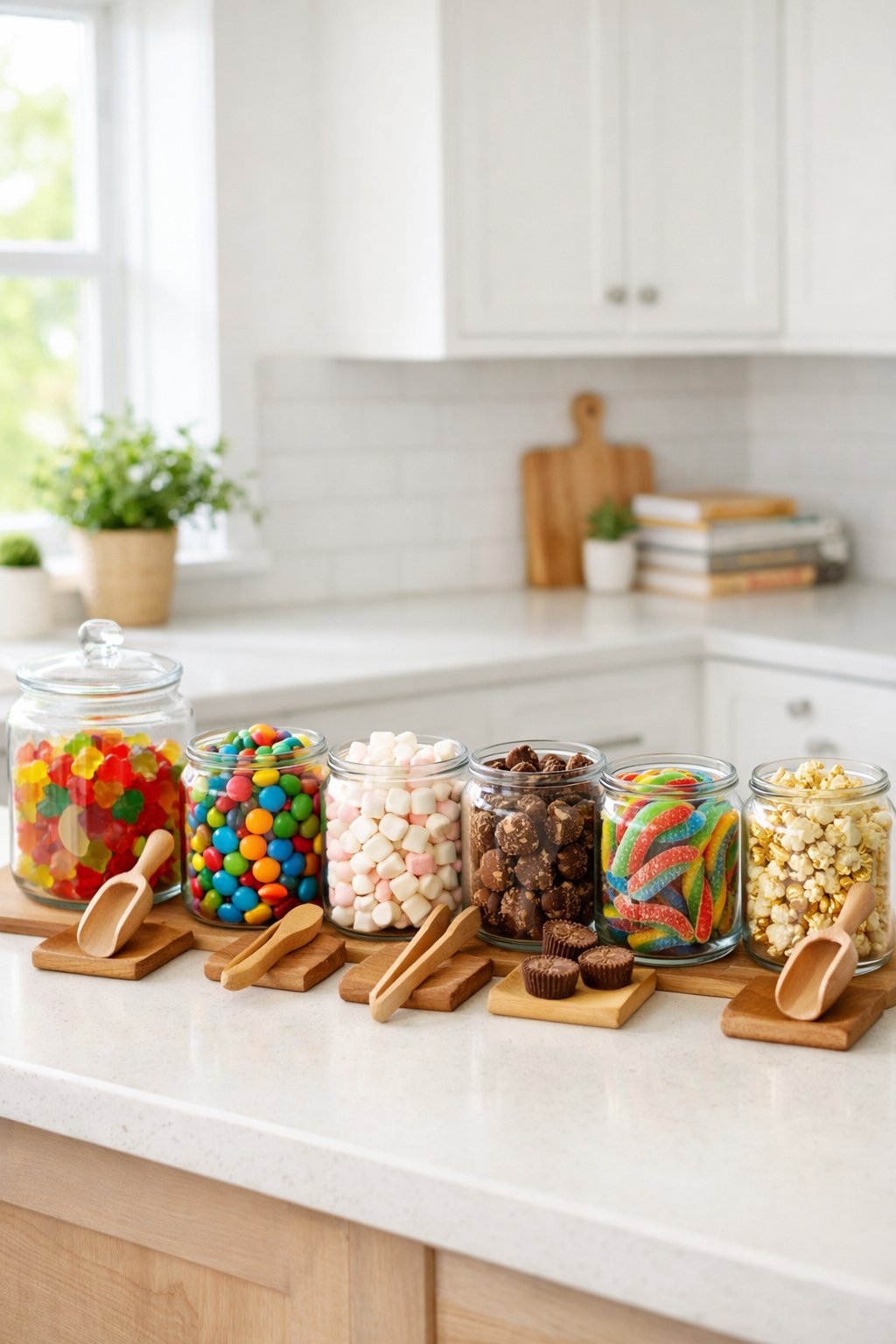 A kitchen countertop with several glass jars filled with colorful candies and snacks, each accompanied by a small scoop, arranged neatly in a bright, clean kitchen.