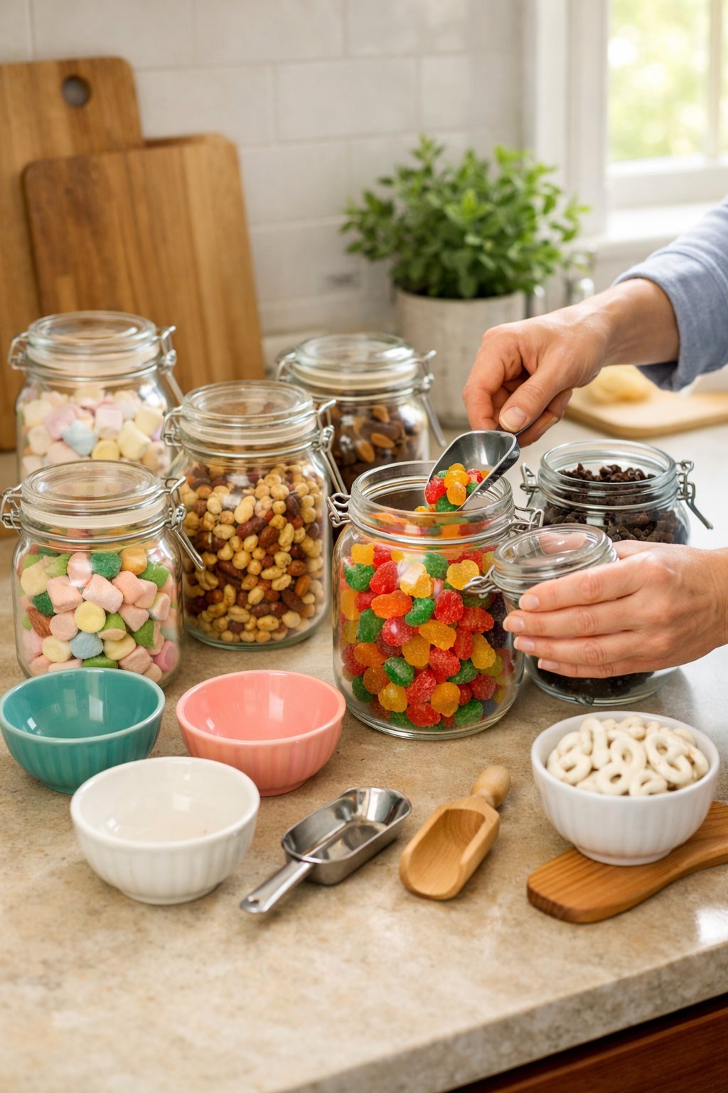 Hands organizing colorful jars filled with candies and nuts on a kitchen countertop for a treat jar station.