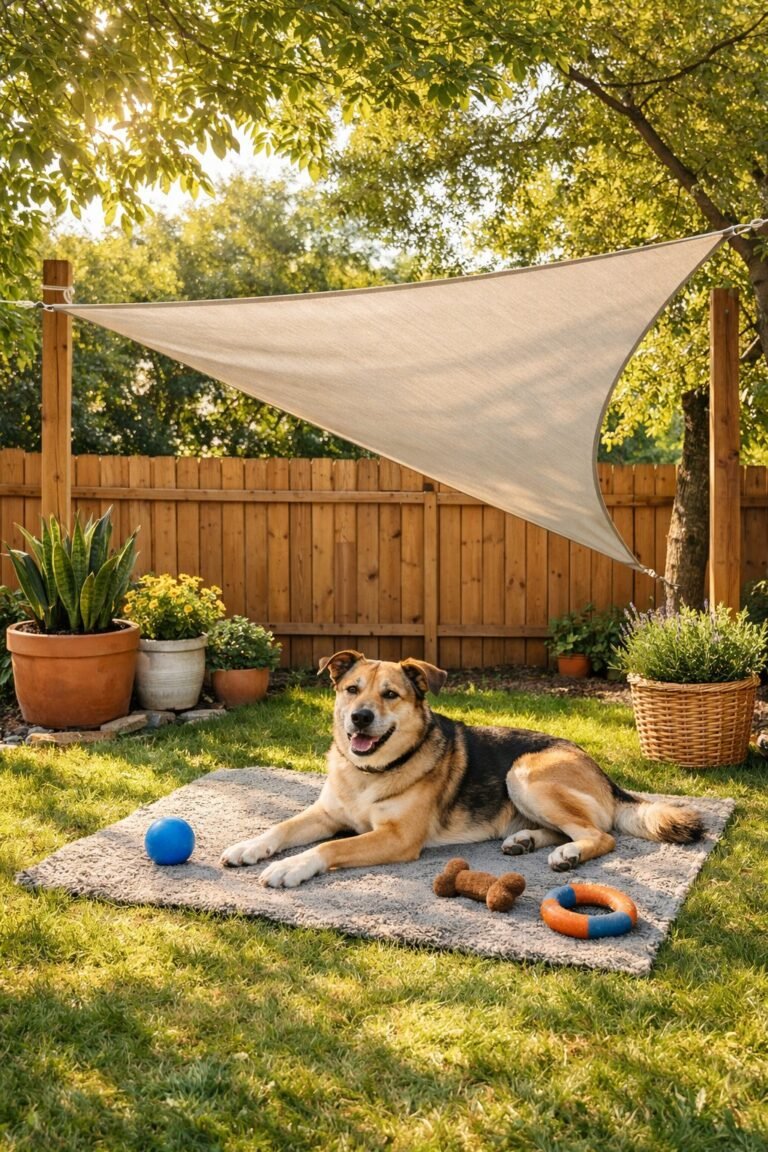 A dog resting comfortably under a triangular shade sail in a sunny backyard with grass and plants.