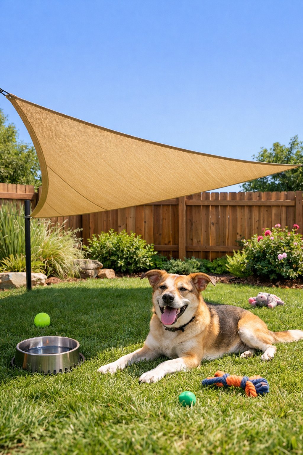 A backyard with a shade sail providing shade for a dog resting on the grass surrounded by pet toys and garden plants.