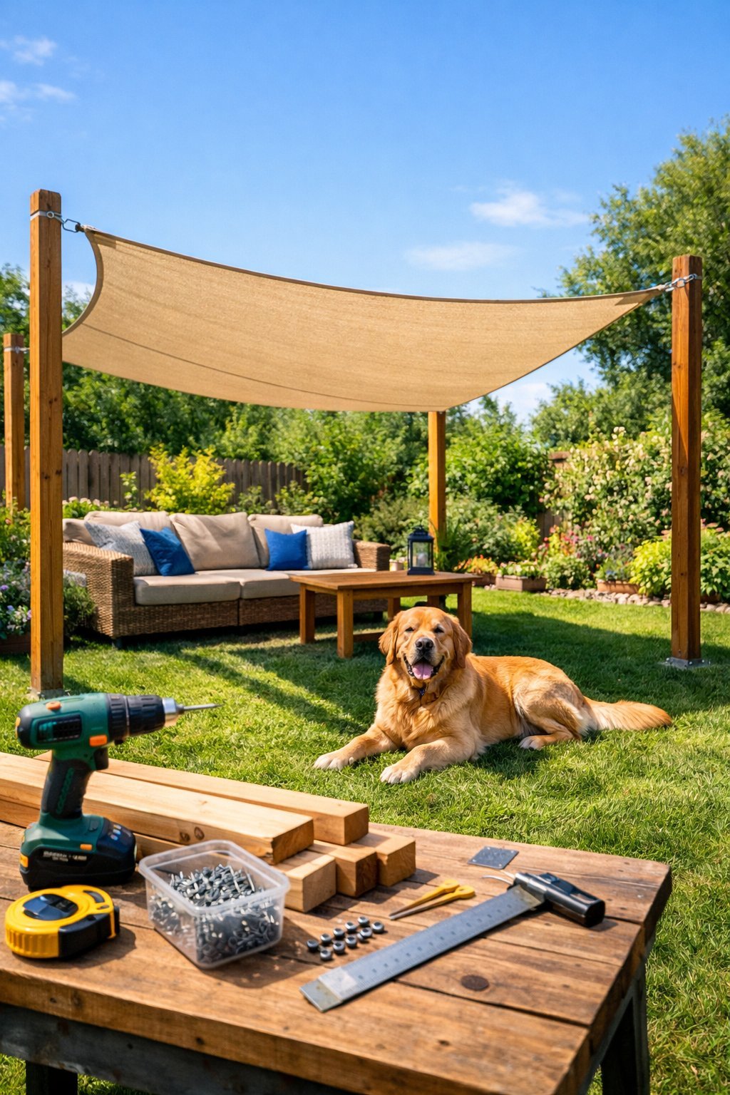 A backyard with a DIY shade sail providing shade over a dog resting on the grass, surrounded by tools and materials used for building the shade.
