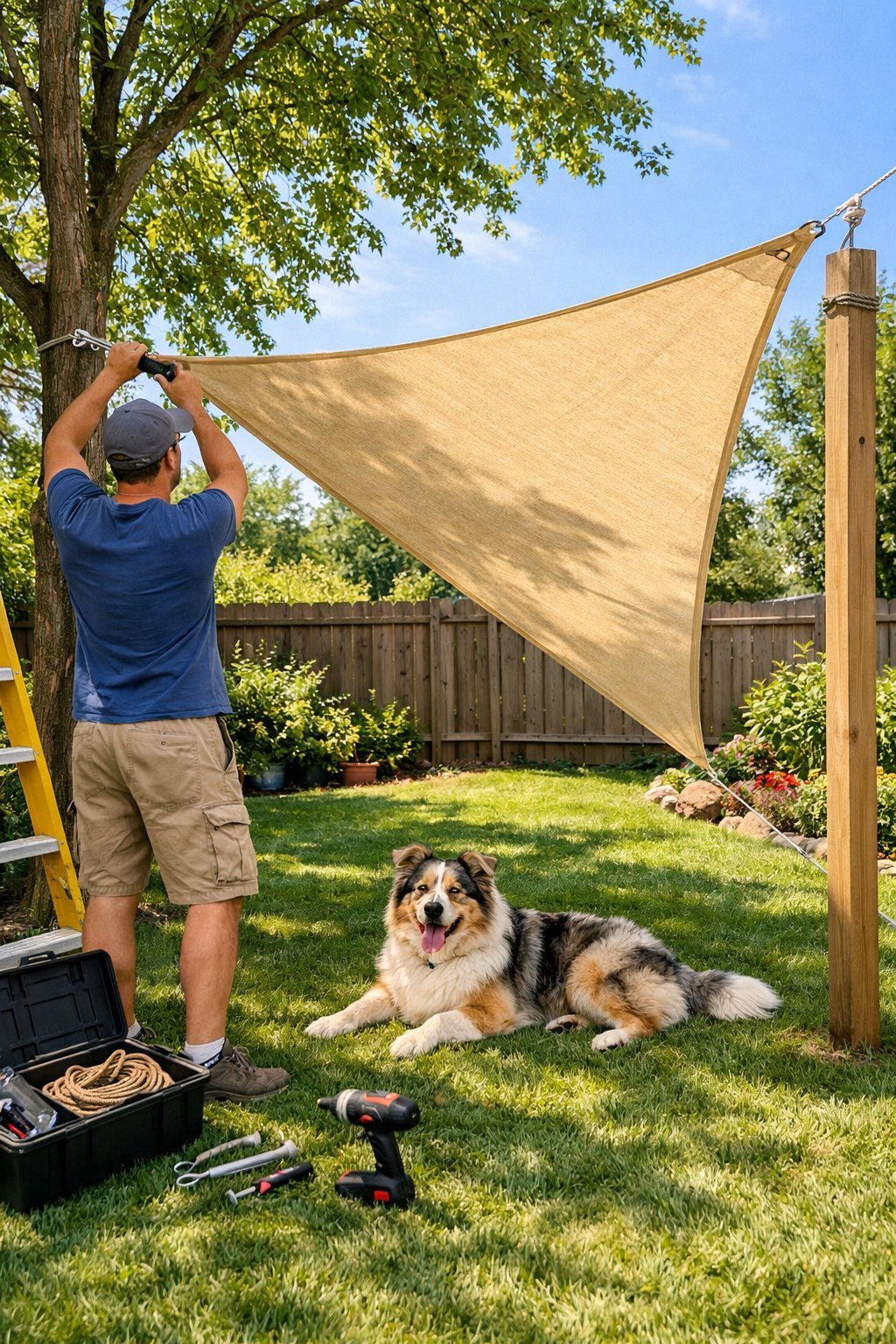 Person installing a triangular shade sail in a backyard with a dog resting underneath.
