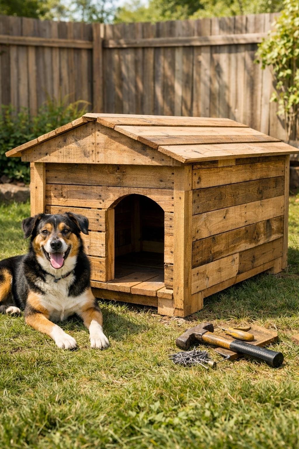Build a Dog House Out of Pallets — Free Plans for a Weekend Project A dog house made of wooden pallets in a backyard with a dog sitting beside it and tools on the grass nearby.