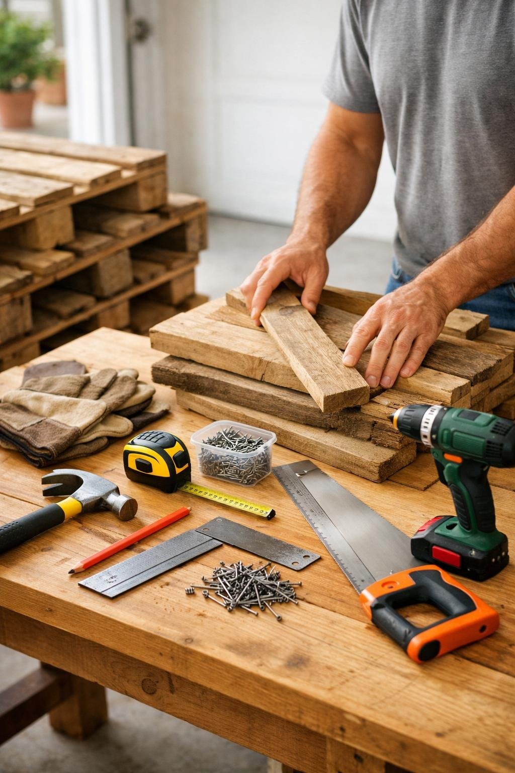 Build a Dog House Out of Pallets — Free Plans for a Weekend Project A workspace with wooden pallets and woodworking tools arranged on a bench, with a person preparing materials for building a dog house.