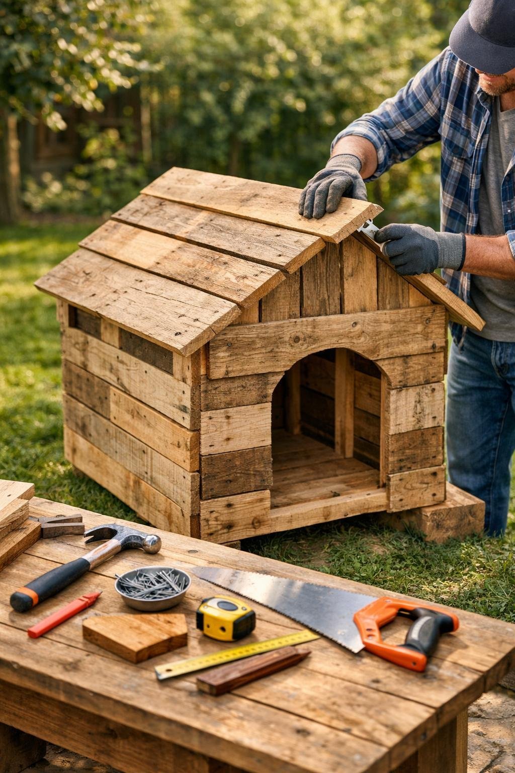 Build a Dog House Out of Pallets — Free Plans for a Weekend Project A person building a dog house outdoors using wooden pallets with tools nearby in a backyard.