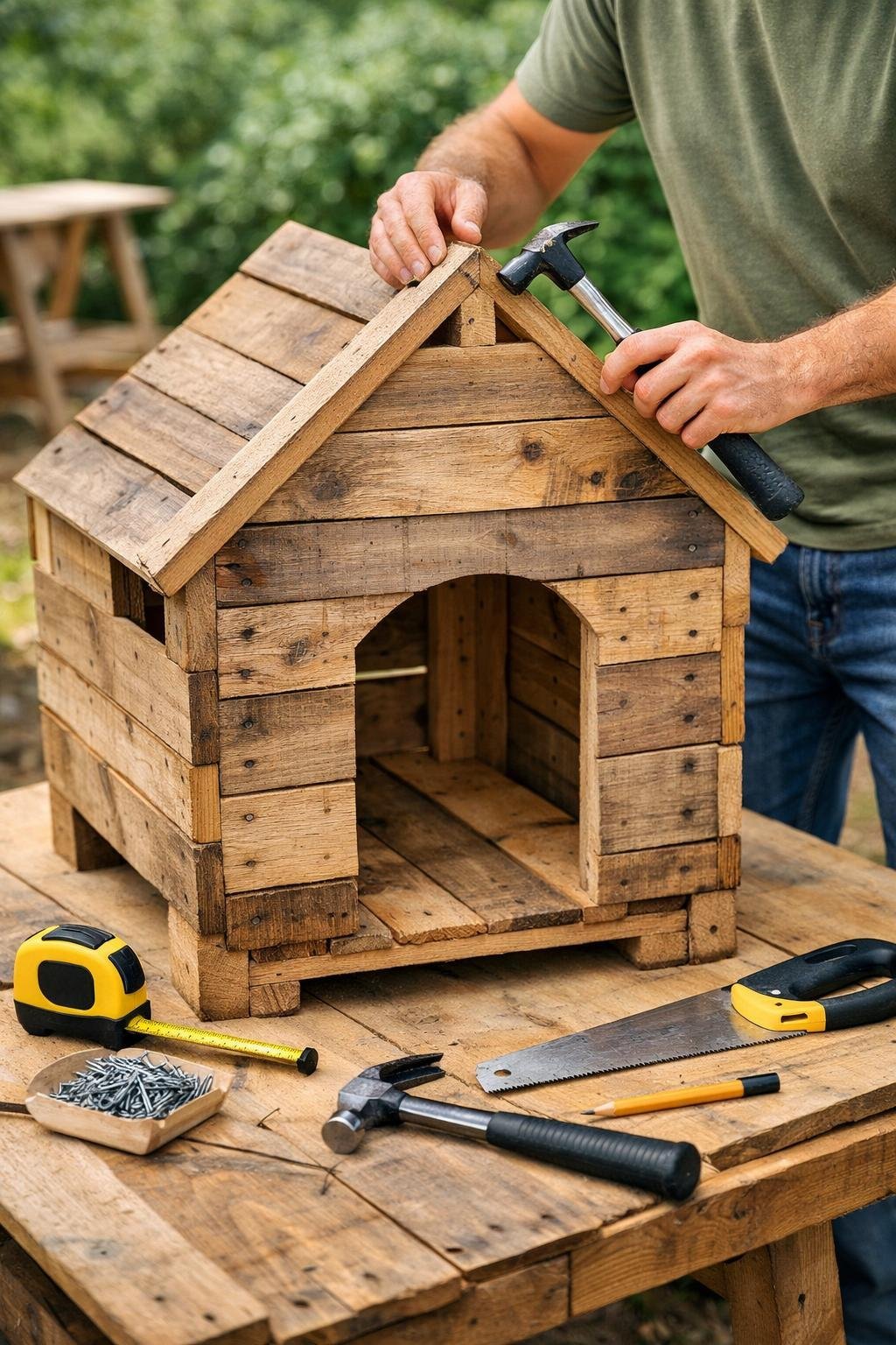 Build a Dog House Out of Pallets — Free Plans for a Weekend Project Hands assembling a small dog house made from wooden pallets with tools nearby in an outdoor workspace.