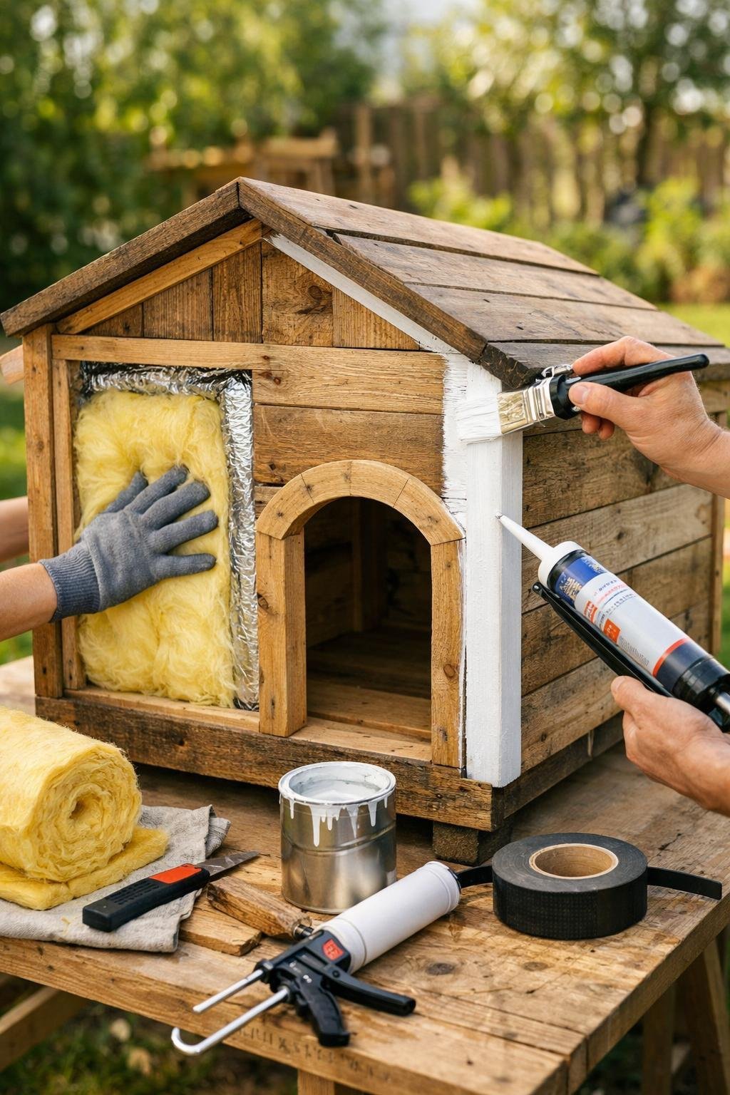 Build a Dog House Out of Pallets — Free Plans for a Weekend Project Person finishing a small dog house made from wooden pallets by installing insulation, painting, and applying weatherproofing outdoors.