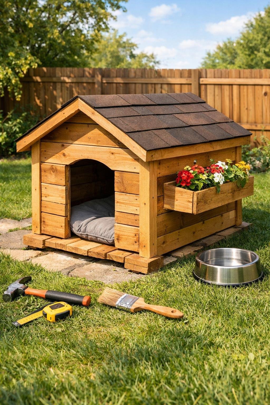 Build a Dog House Out of Pallets — Free Plans for a Weekend Project A wooden dog house made from pallets in a backyard with a cushion inside, a flower planter on the side, and tools nearby.