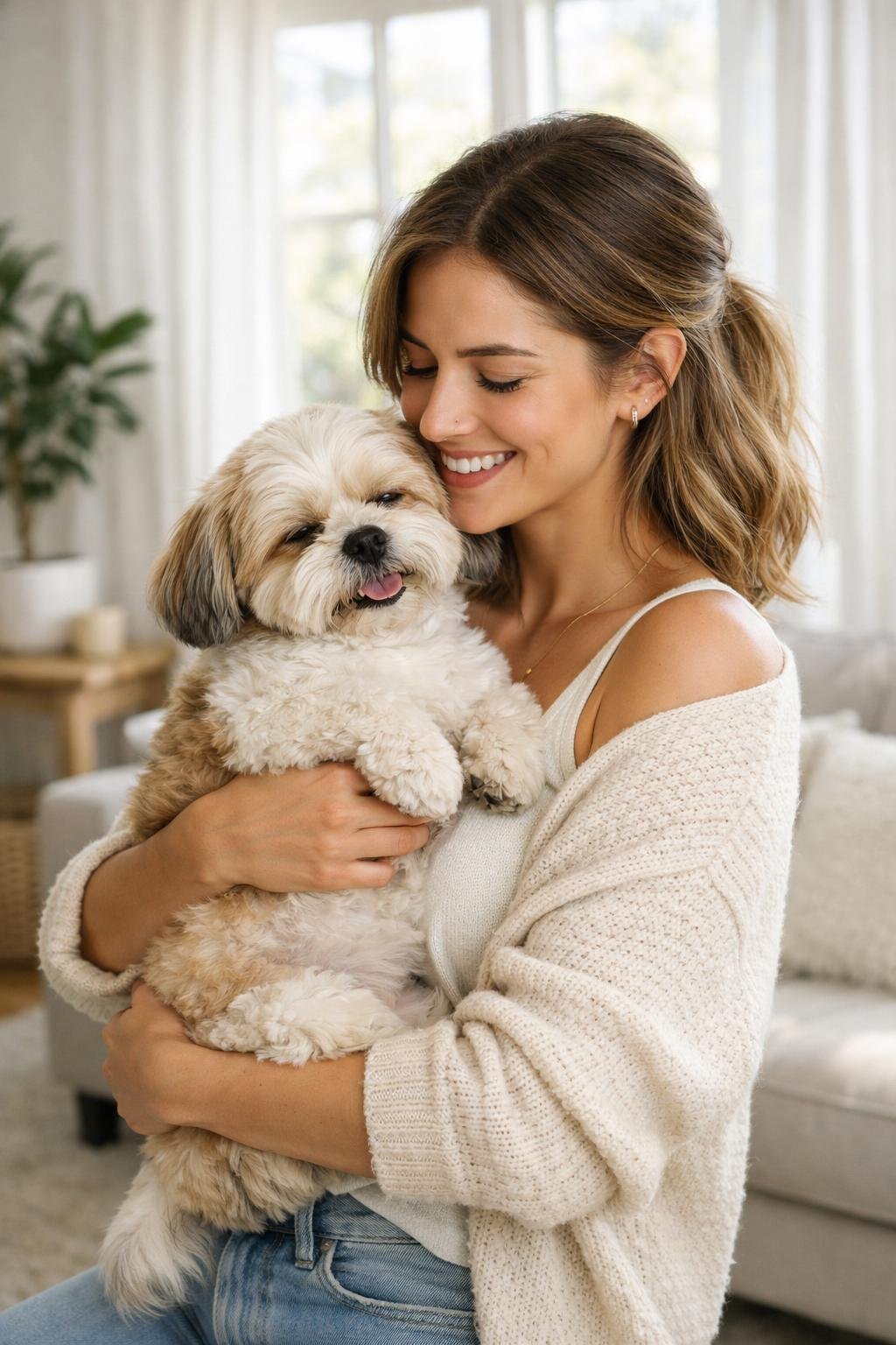 A young woman holding a small dog in a bright living room, both looking happy and comfortable.