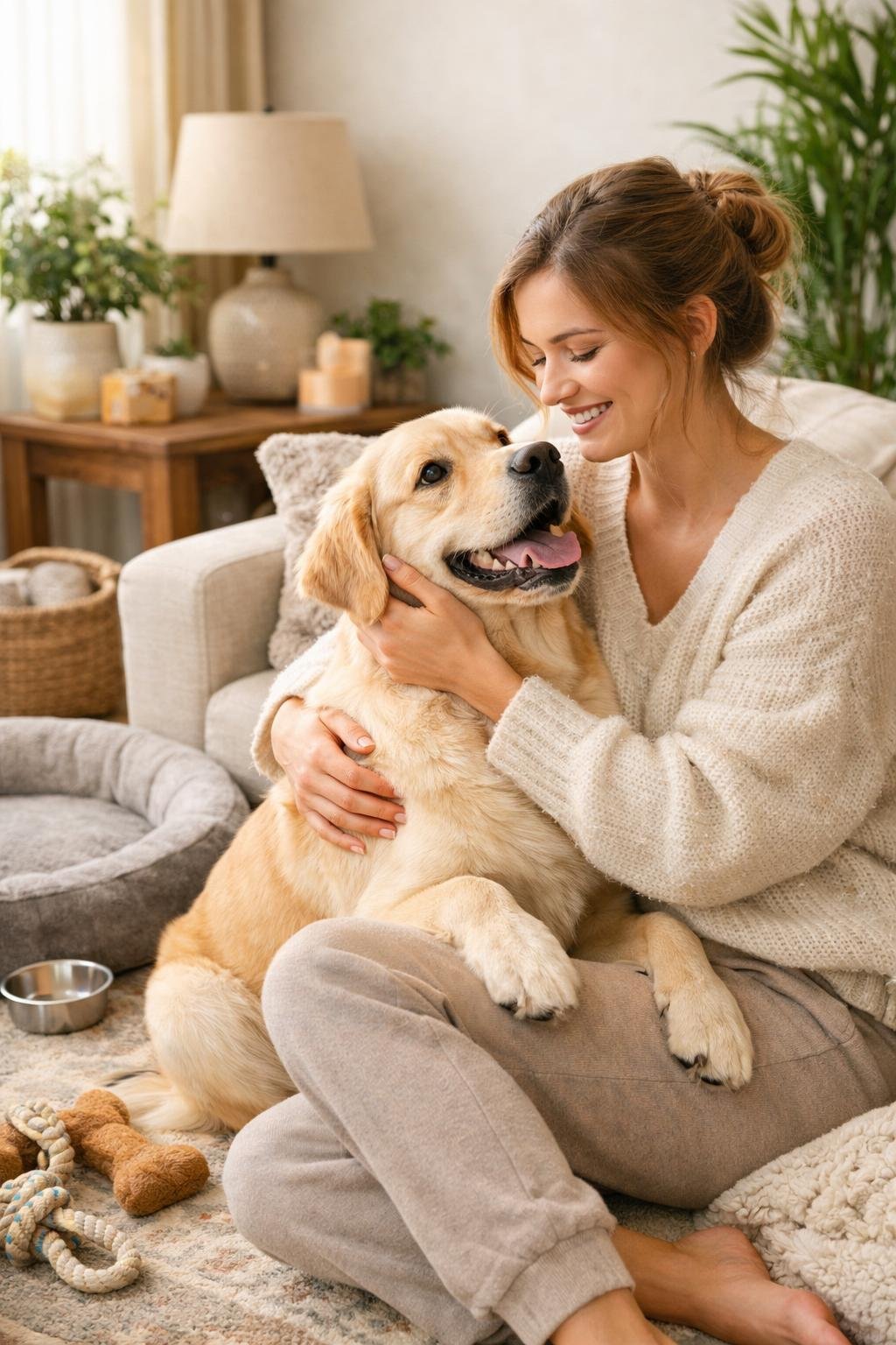 A young woman sitting in a bright living room, holding and smiling at a medium-sized dog.