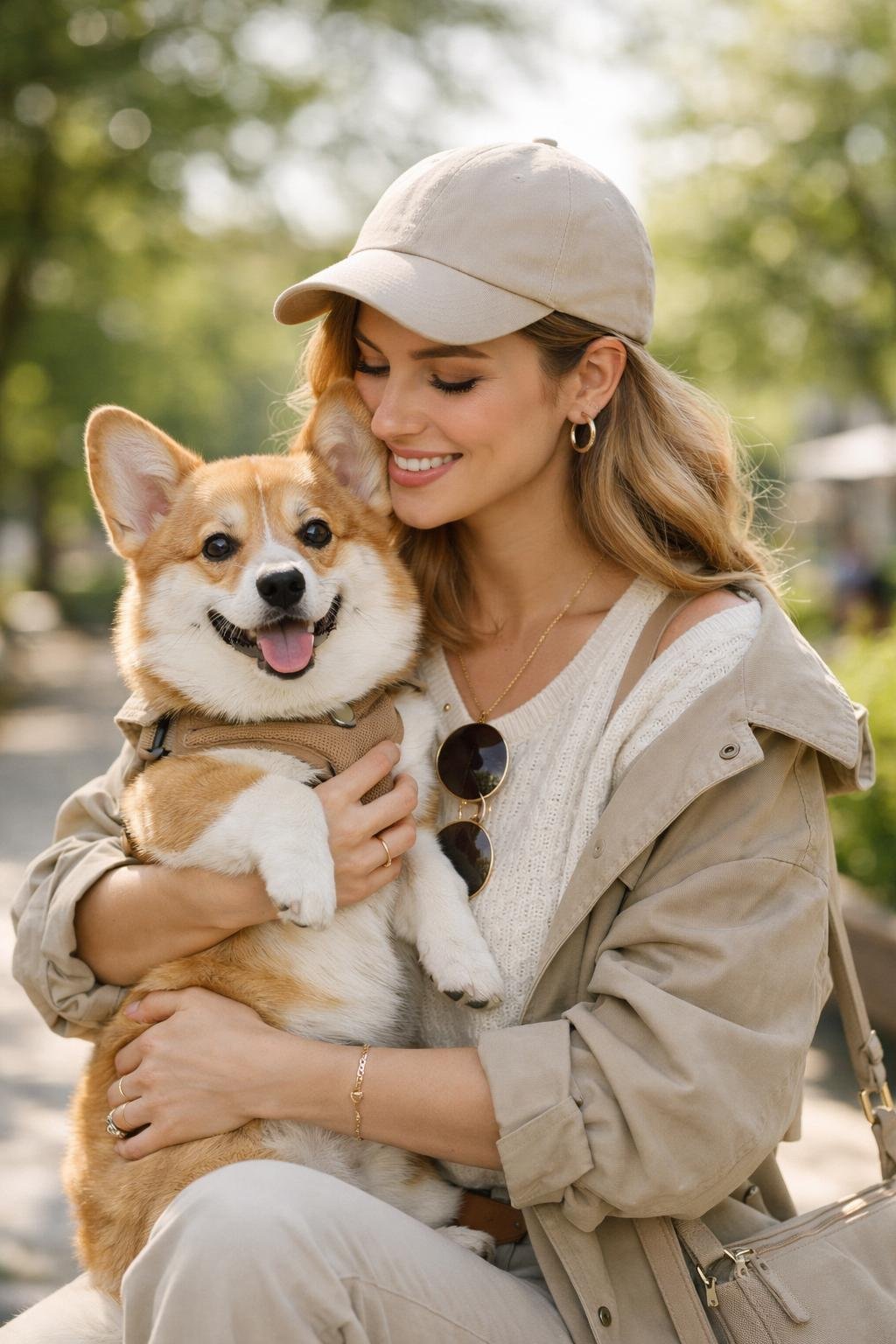 A young woman holding a small dog outdoors, both looking happy and relaxed.