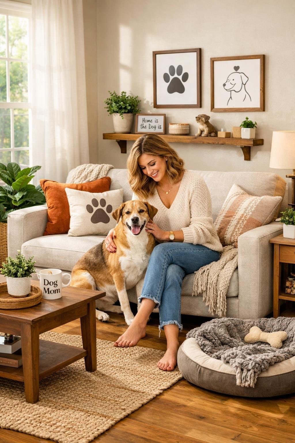 A woman sitting on a sofa petting her dog in a cozy living room with plants and dog accessories.